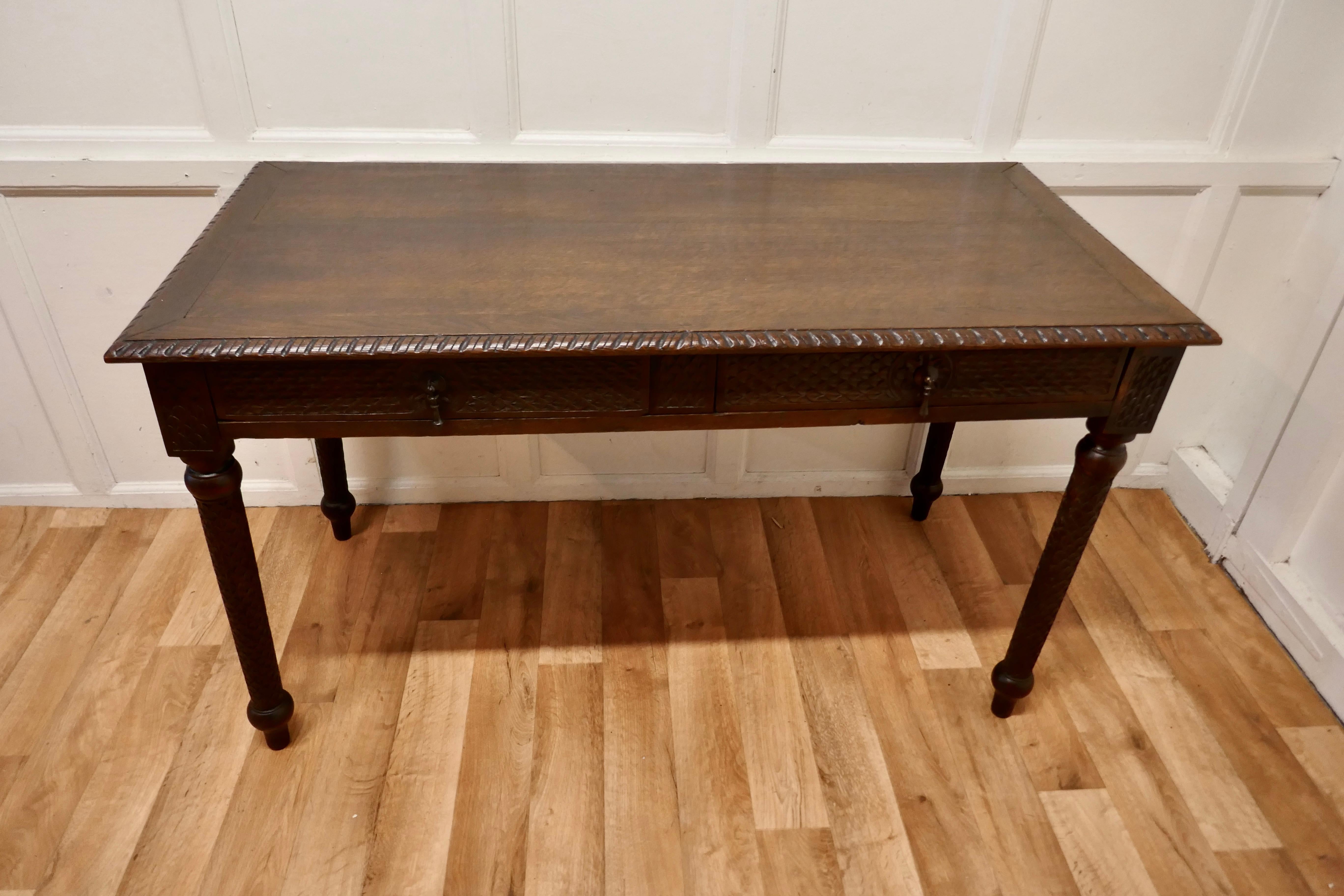 Arts and Crafts Victorian Carved Oak Writing Table