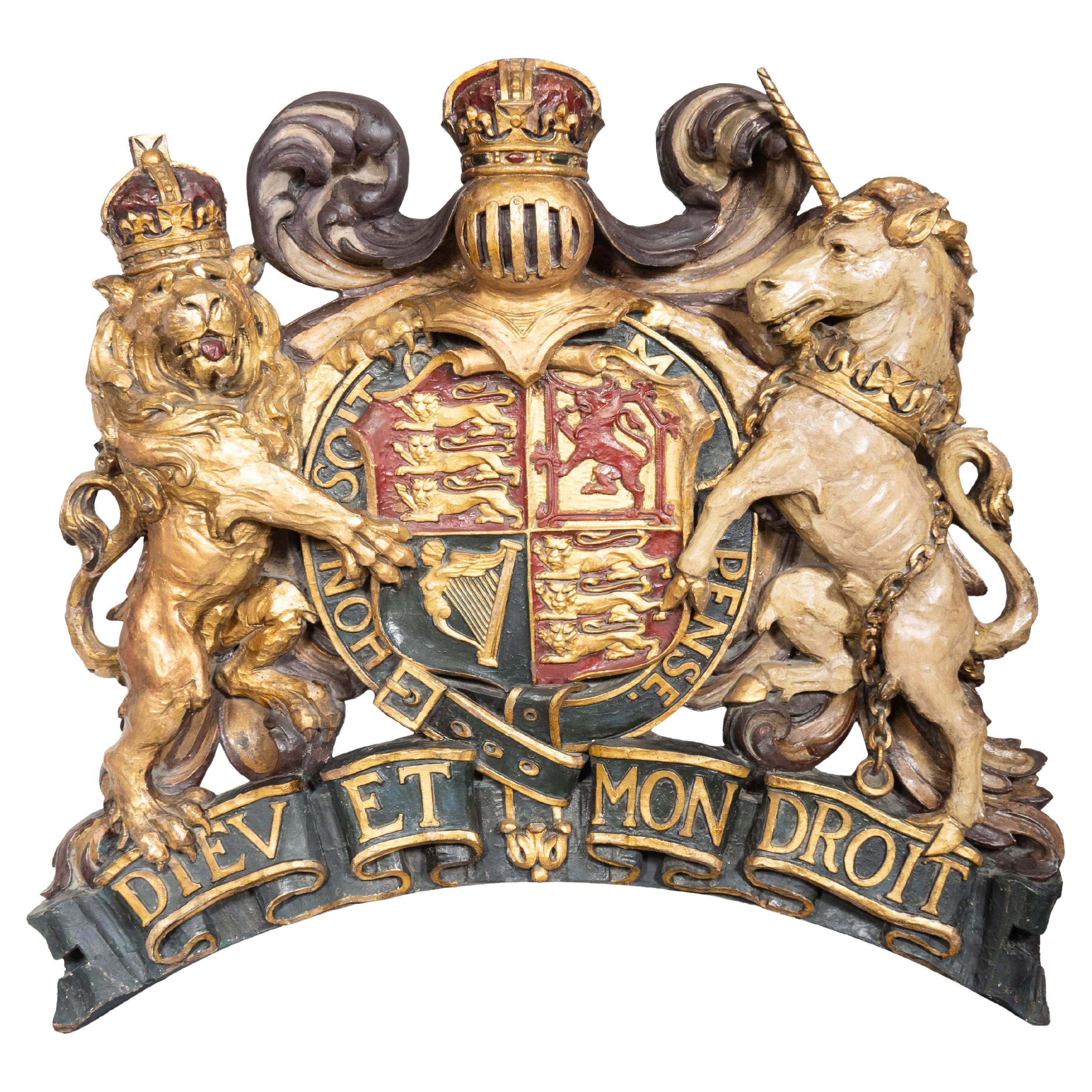 Victorian Carved Polychrome Coat Of Arms Of The United Kingdom For Sale