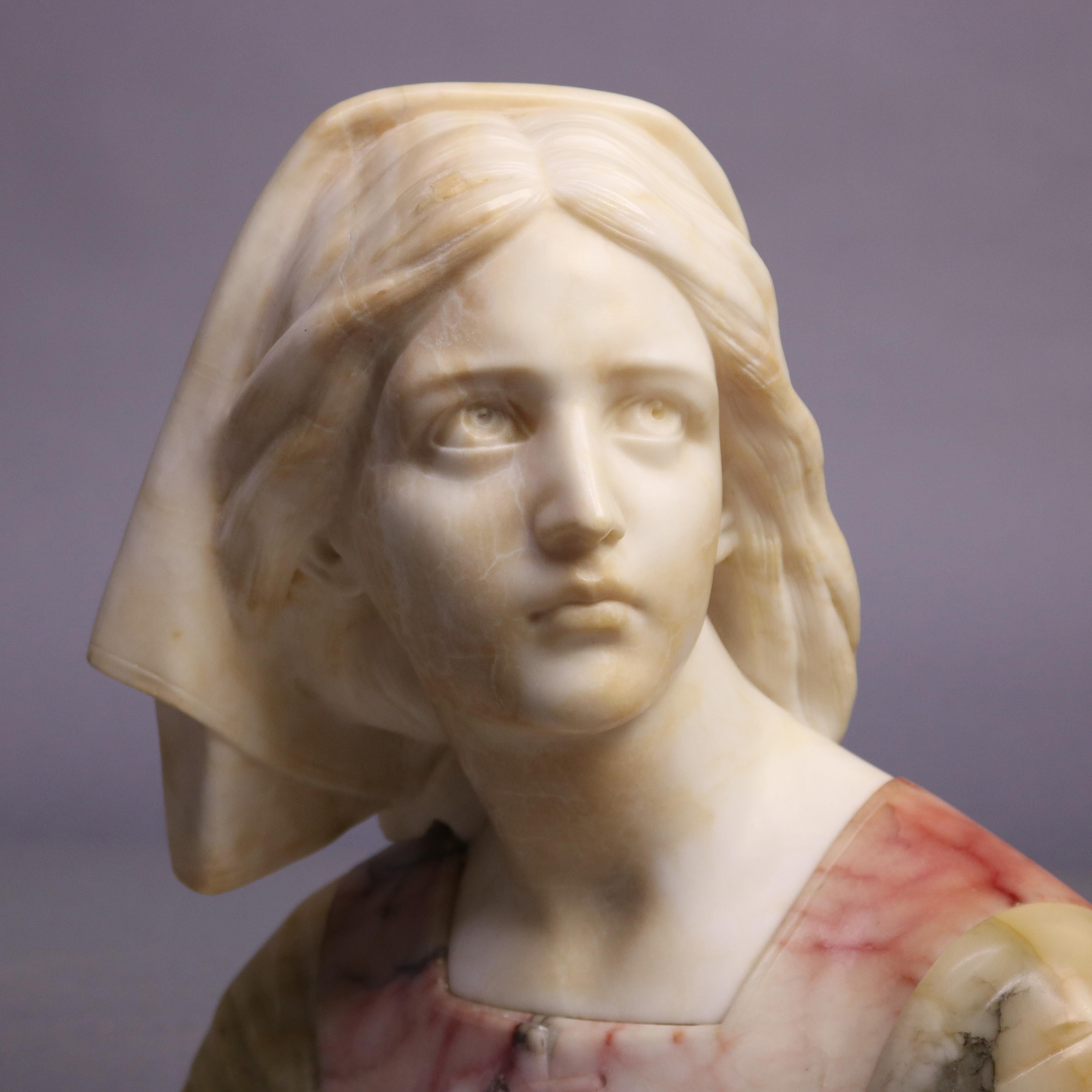 Art Nouveau Victorian Carved Polychrome Italian Marble Bust of Jeanne D' Arc Signed G. Bessi