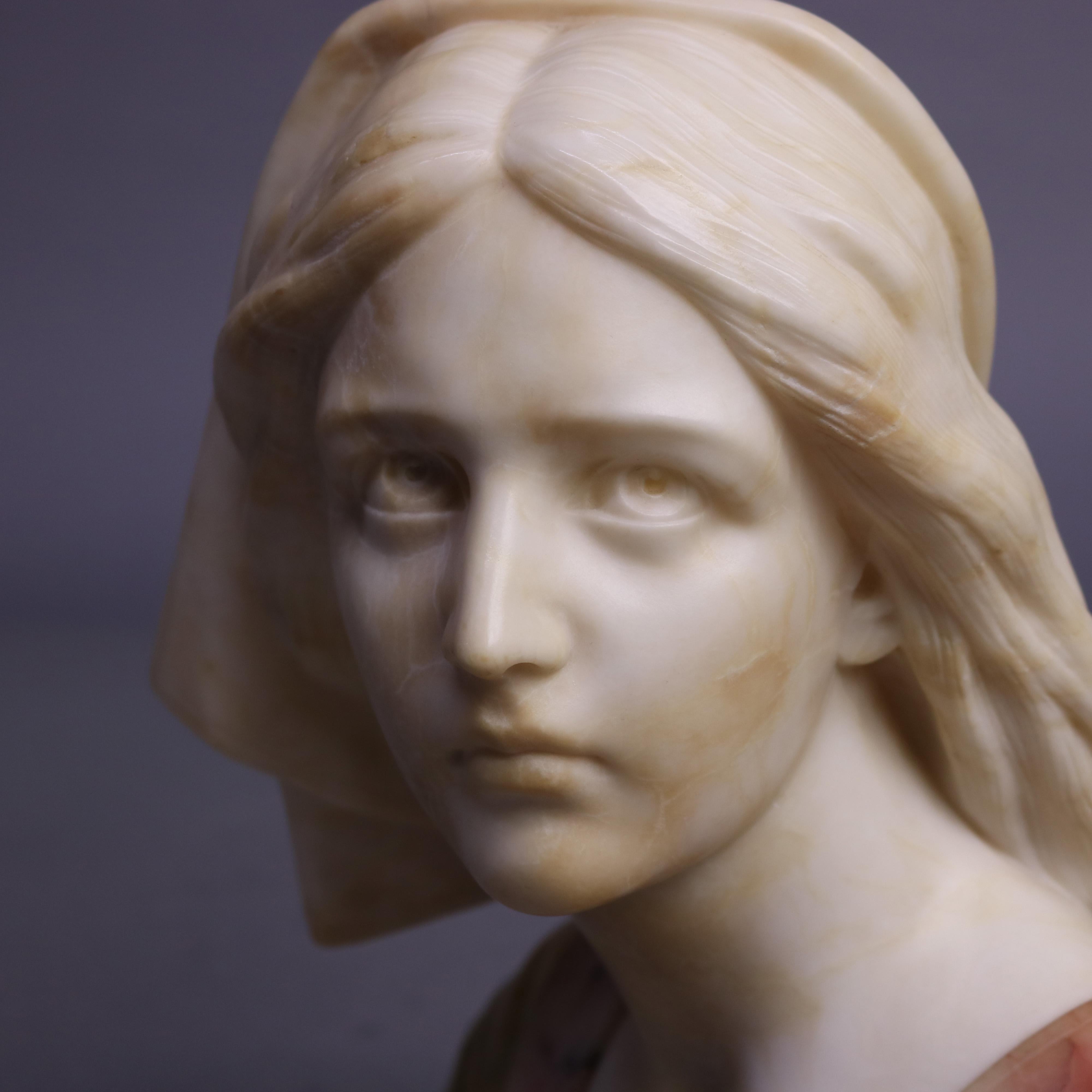 Hand-Carved Victorian Carved Polychrome Italian Marble Bust of Jeanne D' Arc Signed G. Bessi