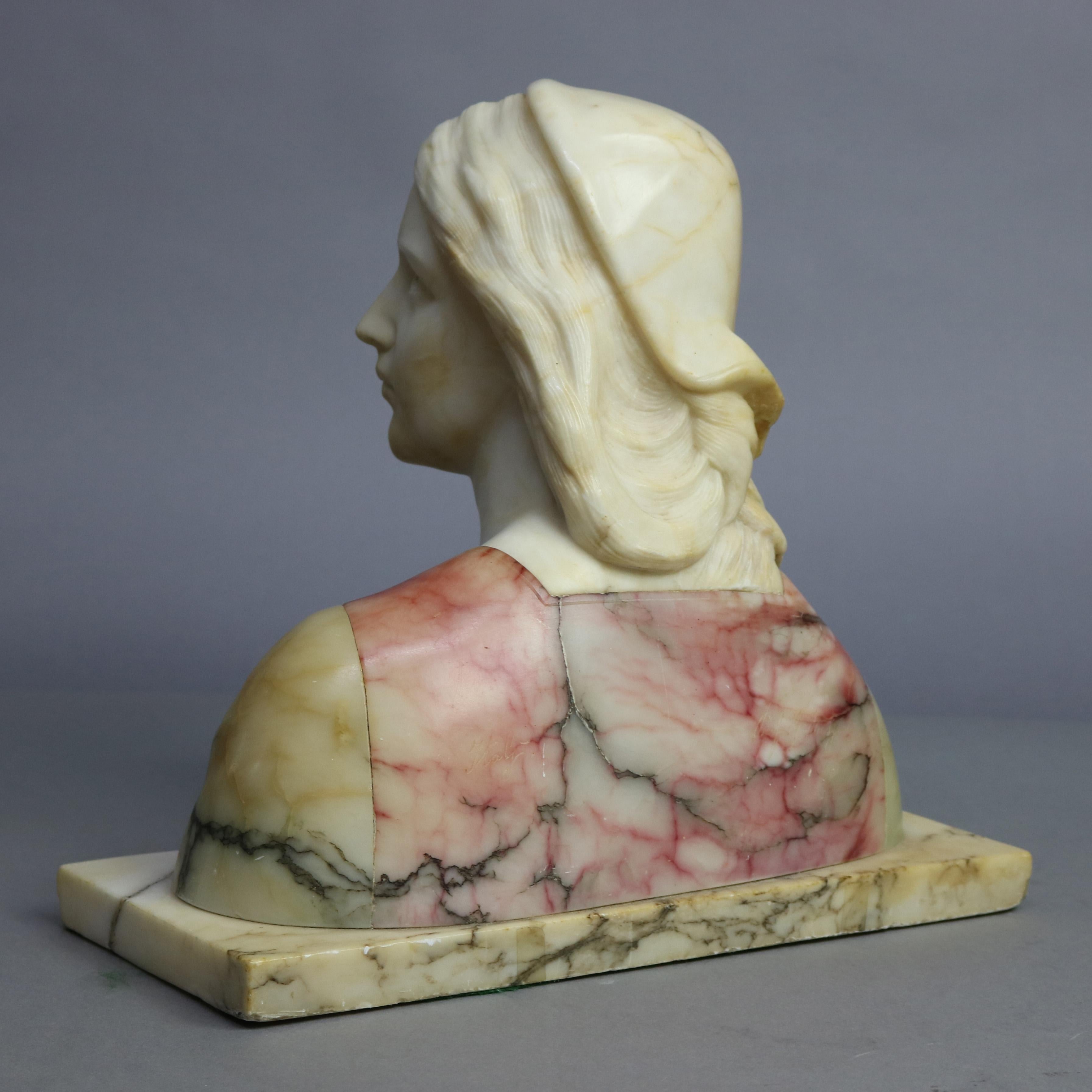 Victorian Carved Polychrome Italian Marble Bust of Jeanne D' Arc Signed G. Bessi In Good Condition In Big Flats, NY