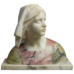 Victorian Carved Polychrome Italian Marble Bust of Jeanne D' Arc Signed G. Bessi