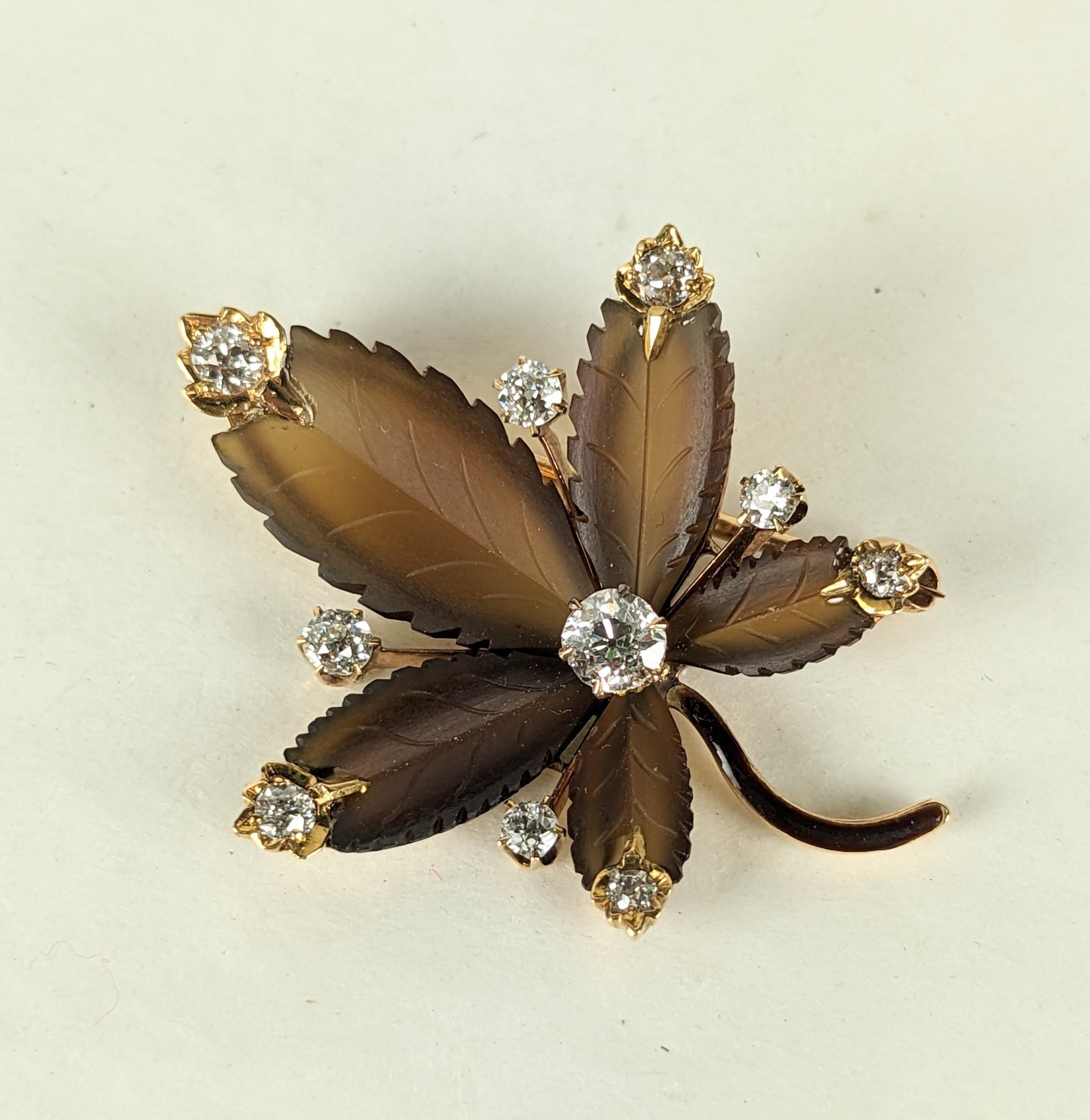 Victorian Carved Quartz and Diamond Leaf Brooch/Pendant  from the mid 19th Century. Exceptional quality manufacture with high quality mine cut diamonds which are used as accents with hand carved smokey topaz or quartz frosted leaves. Lapidary work