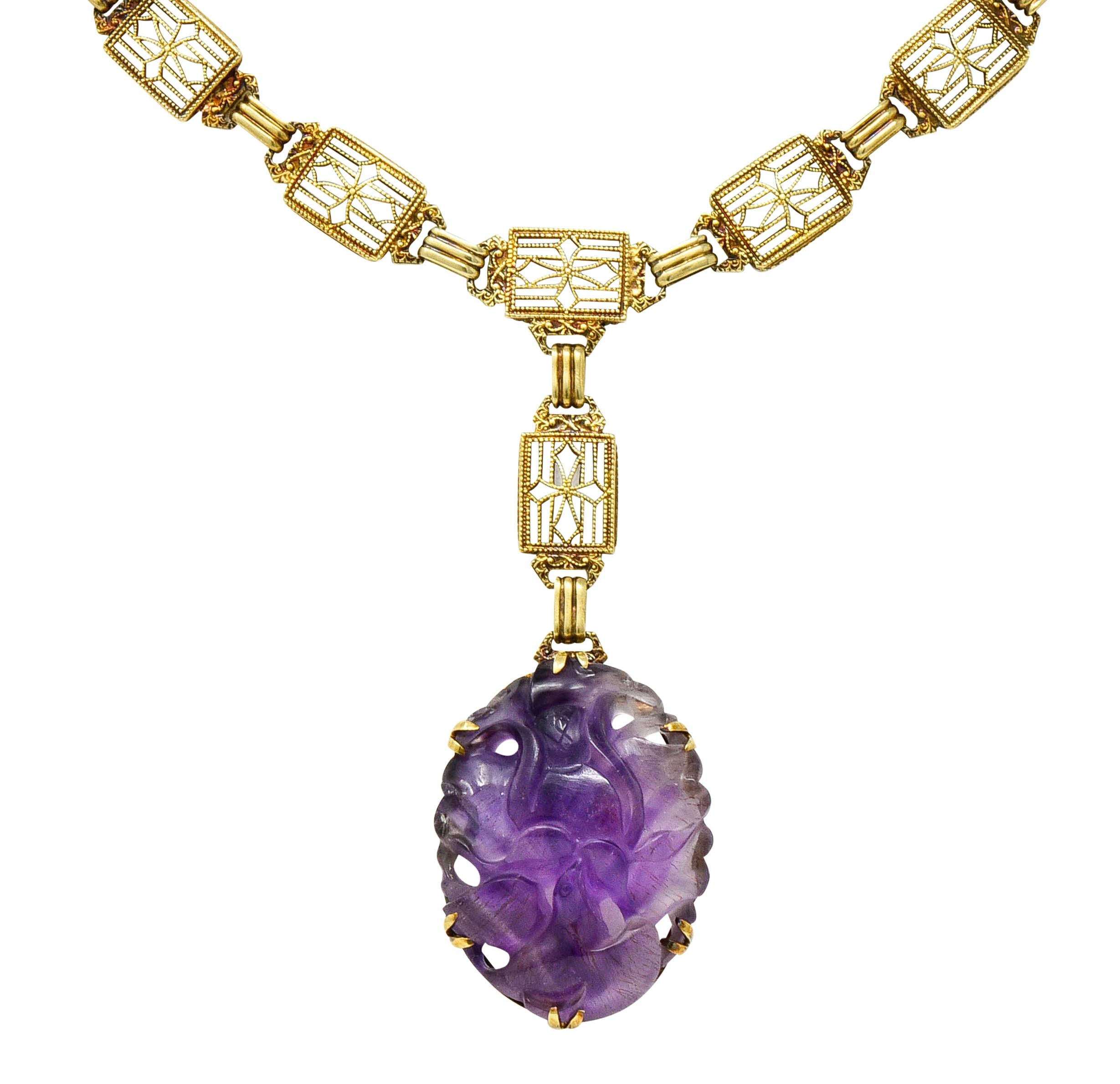 Oval Cut Victorian Carved Rutilated Amethyst 14 Karat Gold Drop Necklace