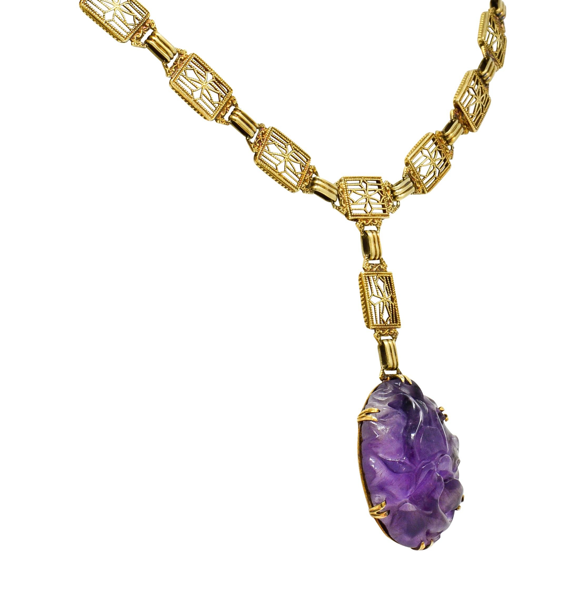 Victorian Carved Rutilated Amethyst 14 Karat Gold Drop Necklace In Excellent Condition In Philadelphia, PA