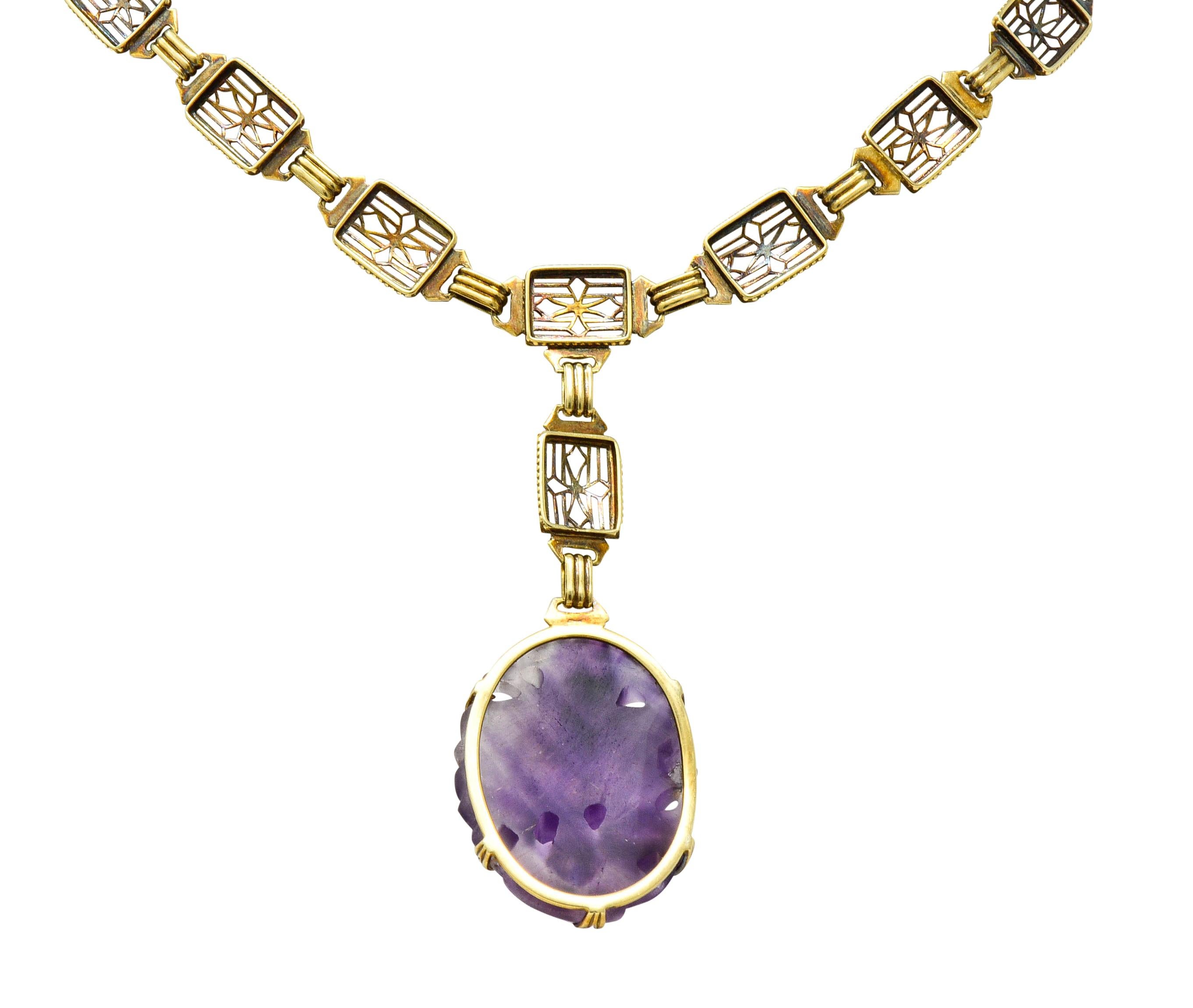 Women's or Men's Victorian Carved Rutilated Amethyst 14 Karat Gold Drop Necklace