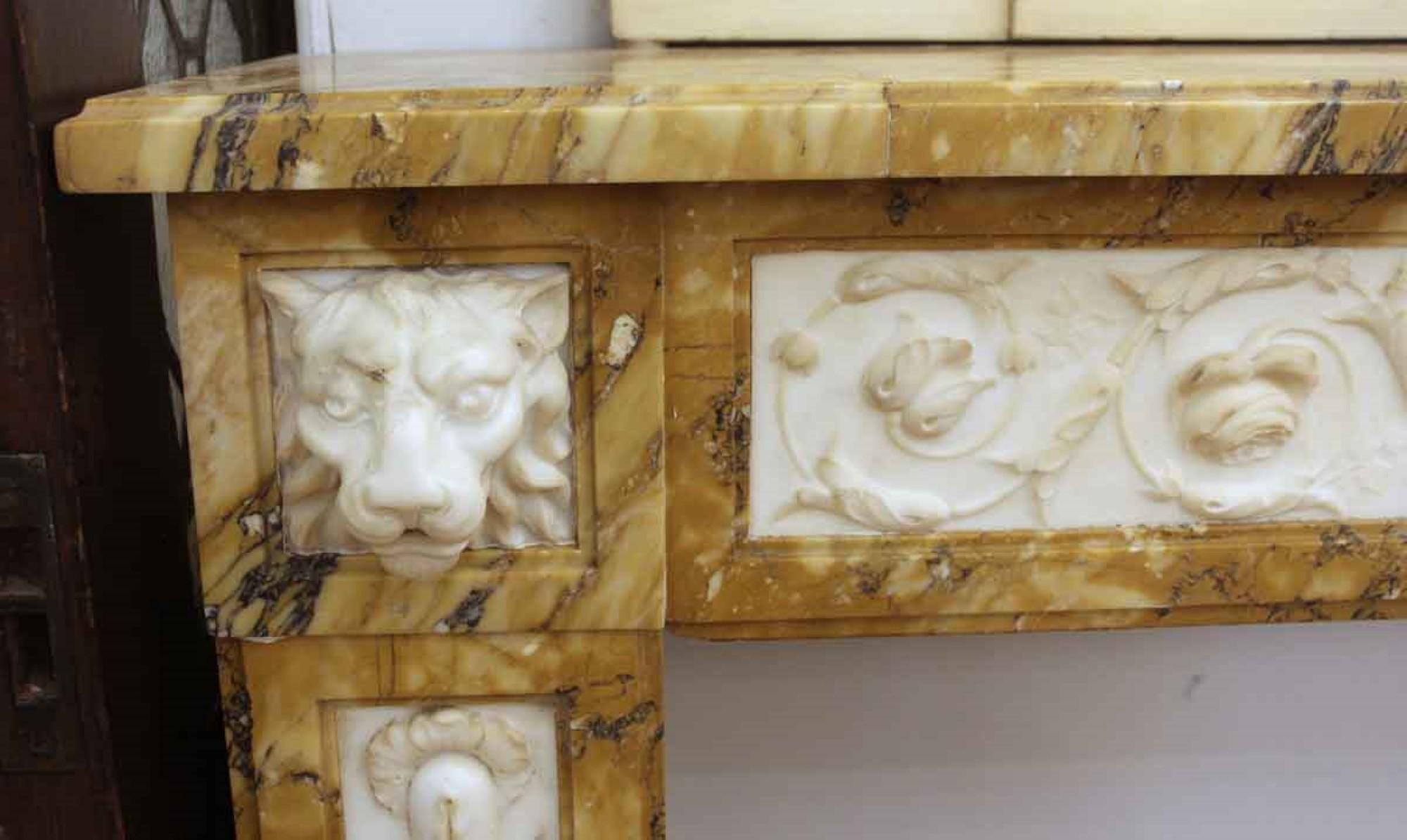 Hand-Carved Victorian Carved Sienna Marble Mantel with Lion Heads, Early 20th Century