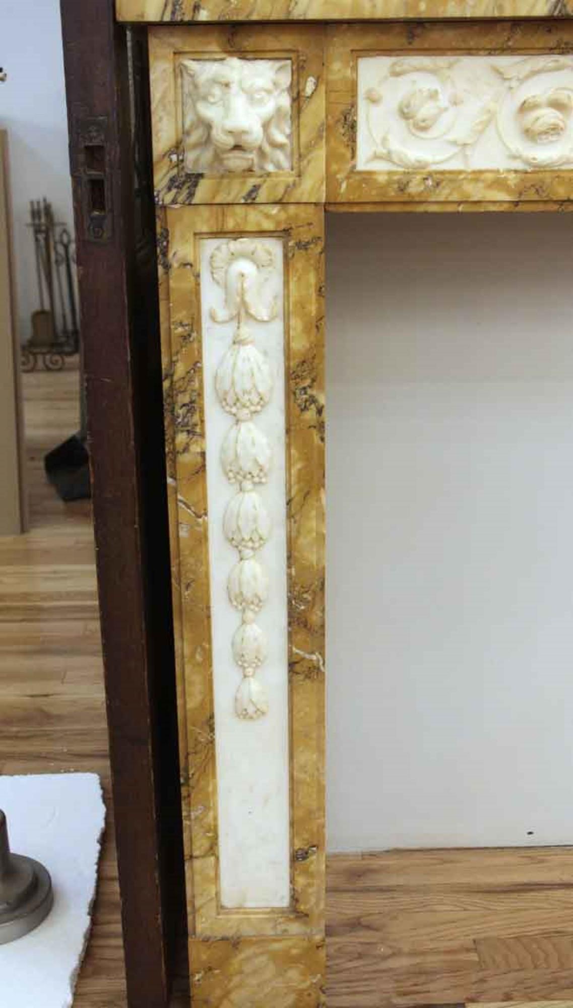 Victorian Carved Sienna Marble Mantel with Lion Heads, Early 20th Century In Good Condition In New York, NY