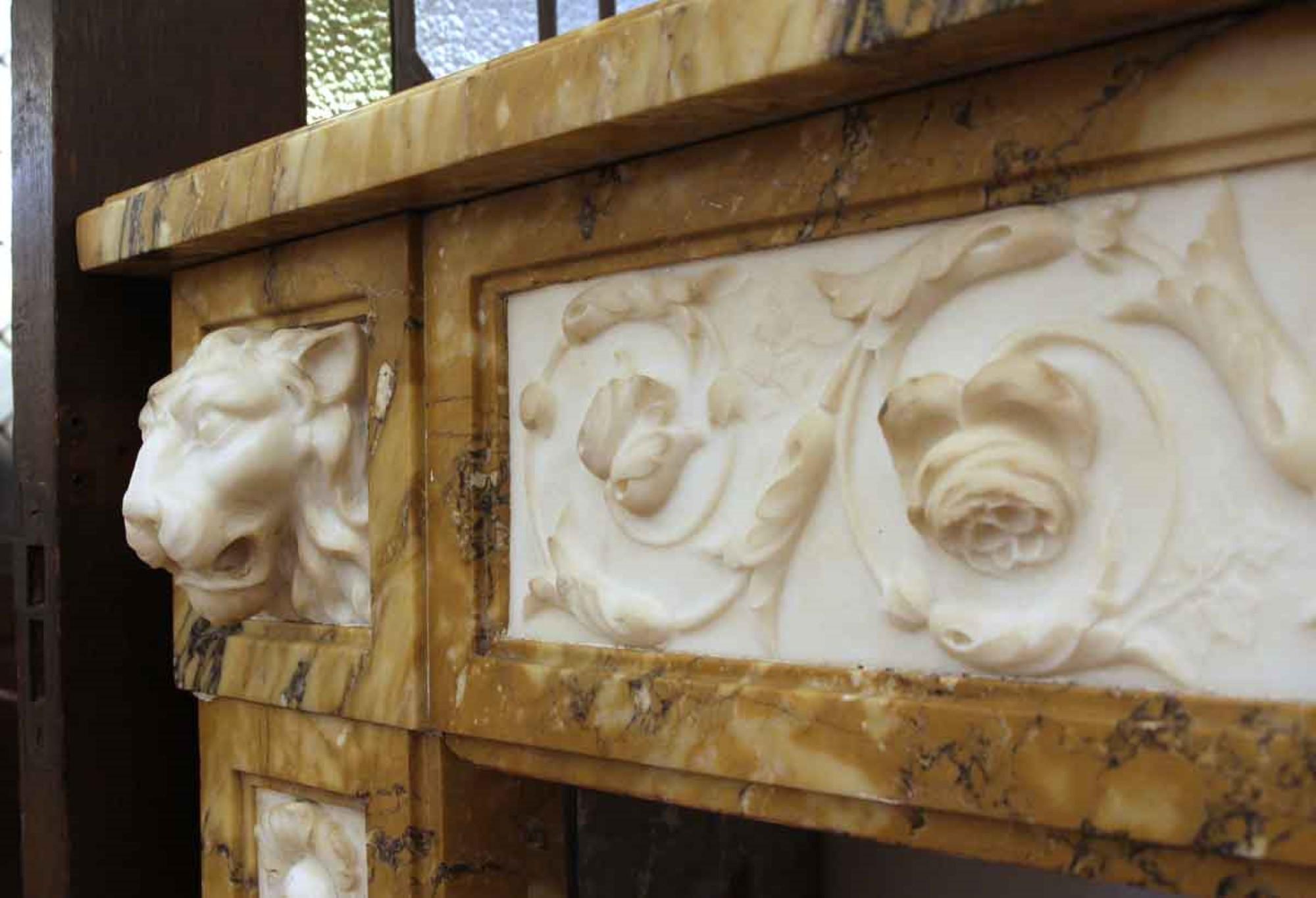 Victorian Carved Sienna Marble Mantel with Lion Heads, Early 20th Century 1