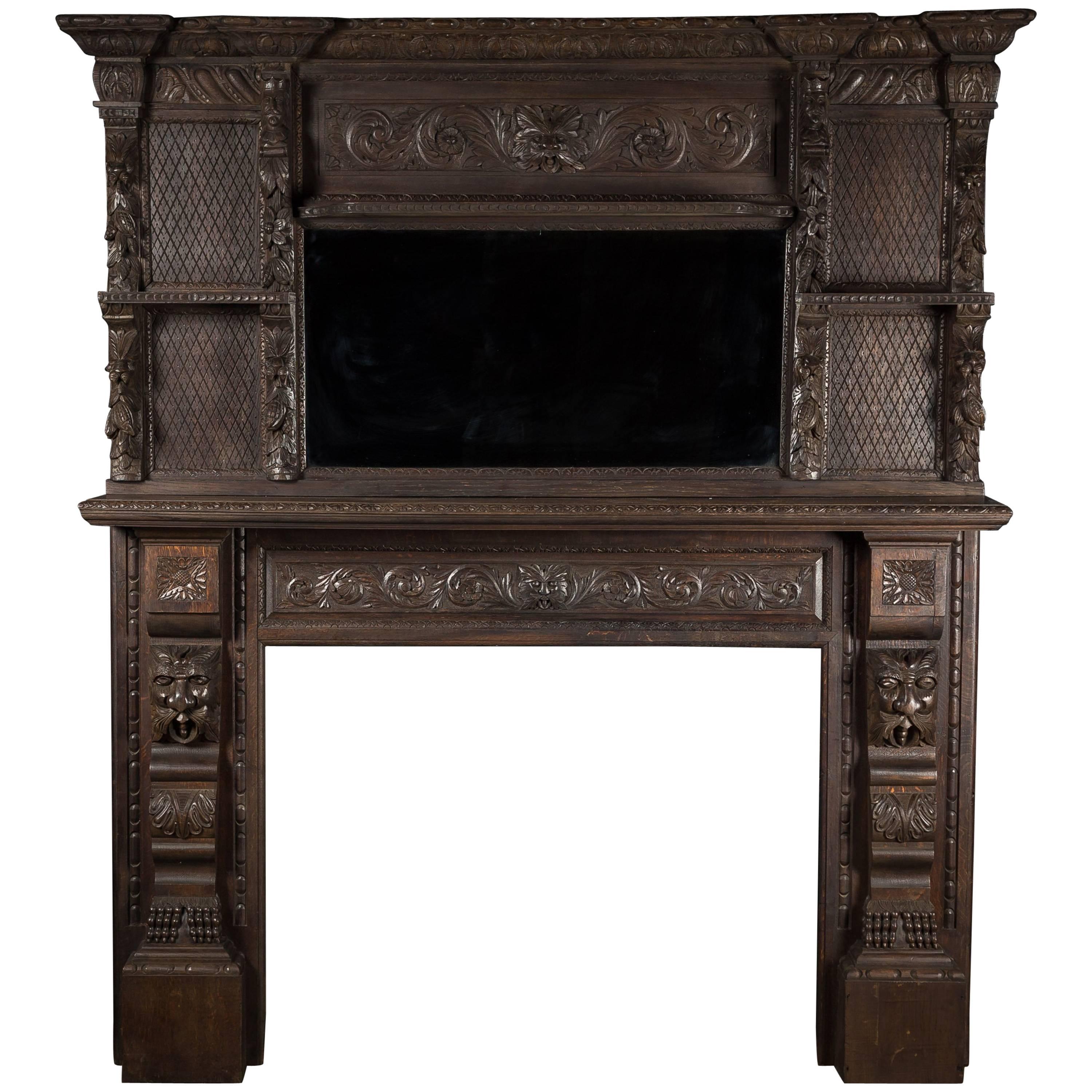 Victorian Carved Solid Oak Gothic Revival Fireplace Surround with Mirror For Sale