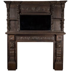 Antique Victorian Carved Solid Oak Gothic Revival Fireplace Surround with Mirror