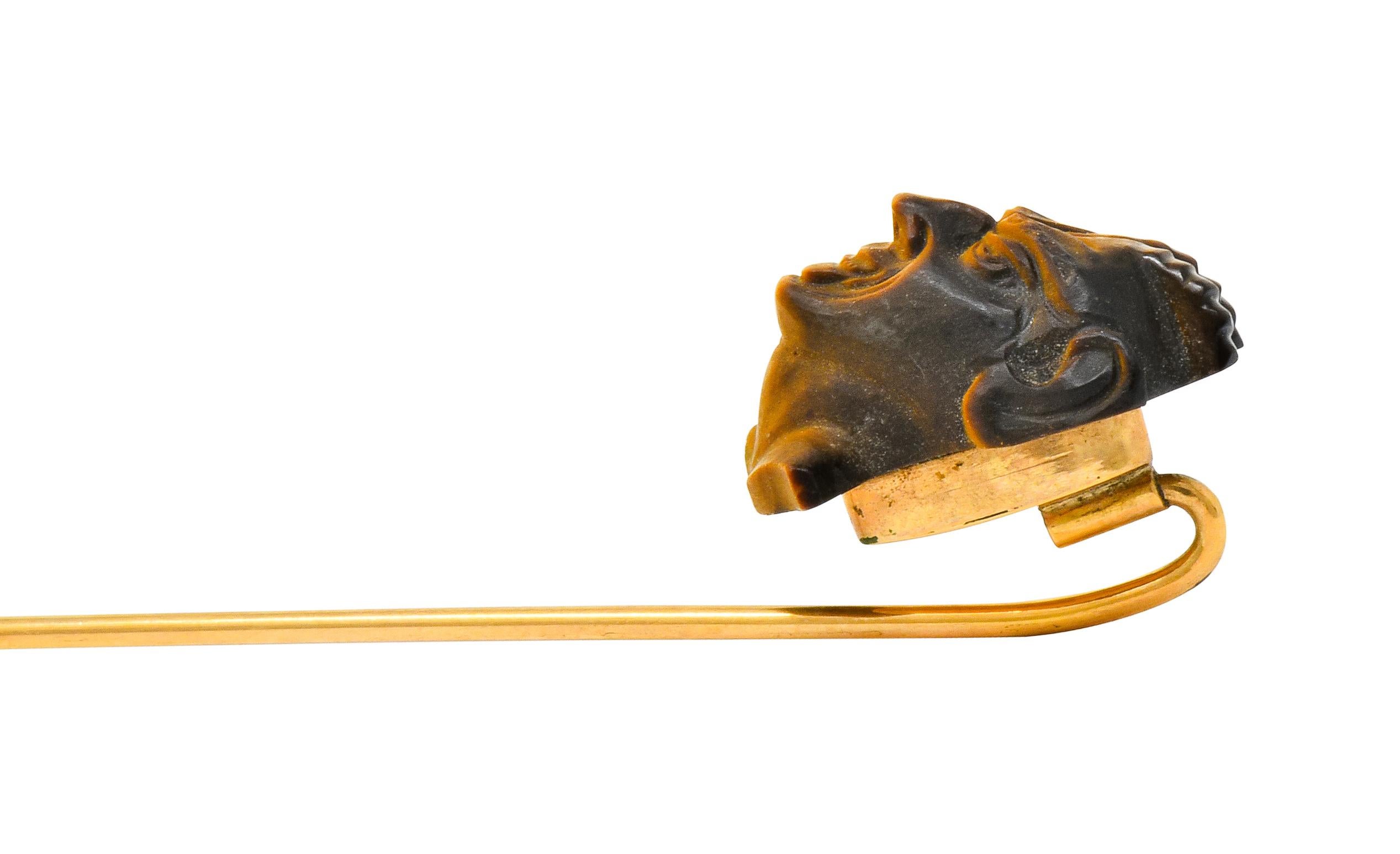 Victorian Carved Tiger's Eye Quartz 14 Karat Gold Devil Stickpin In Excellent Condition In Philadelphia, PA