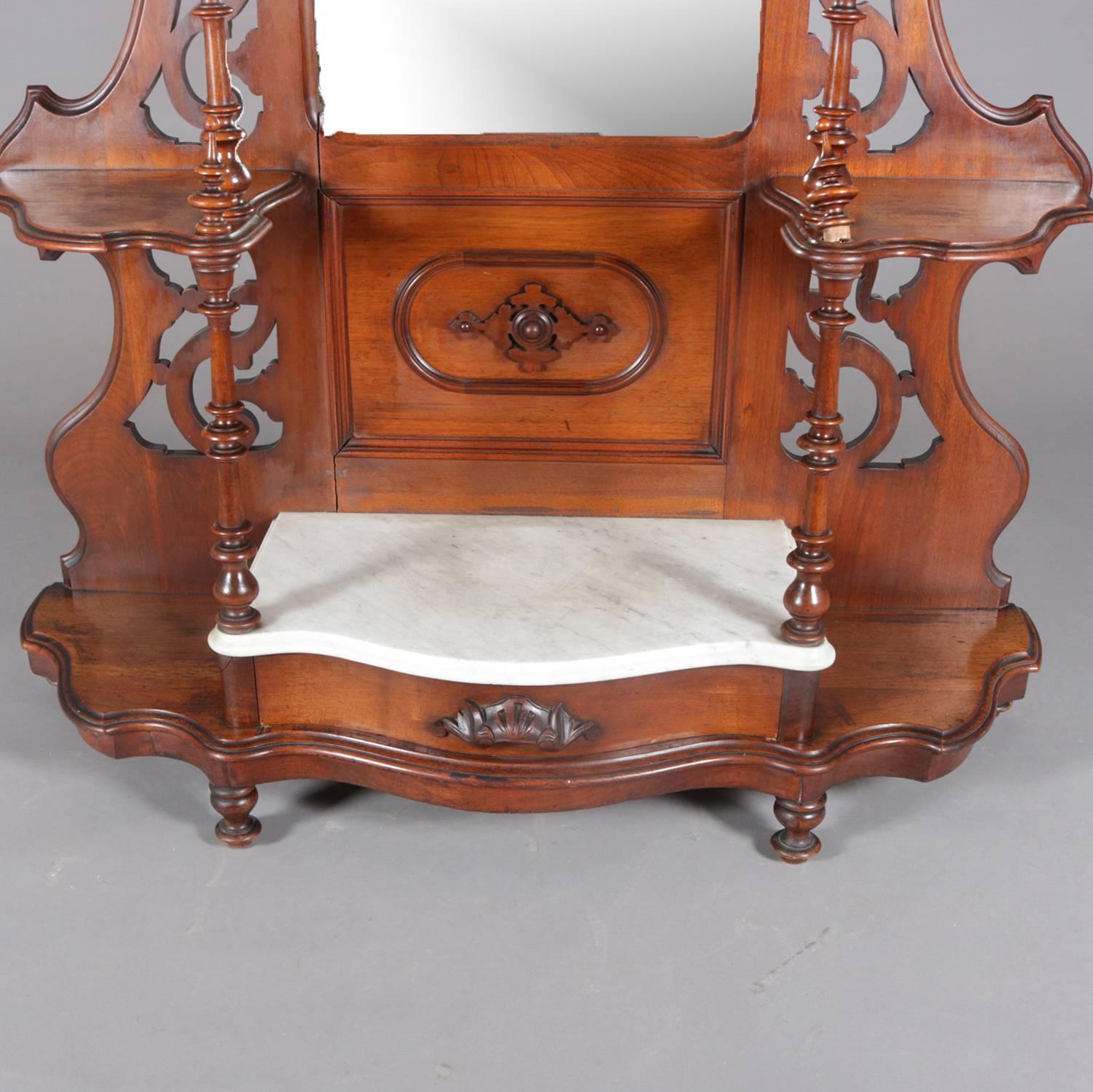 American Victorian Carved Walnut and Marble Single Drawer Étagère Hall Pier Mirror