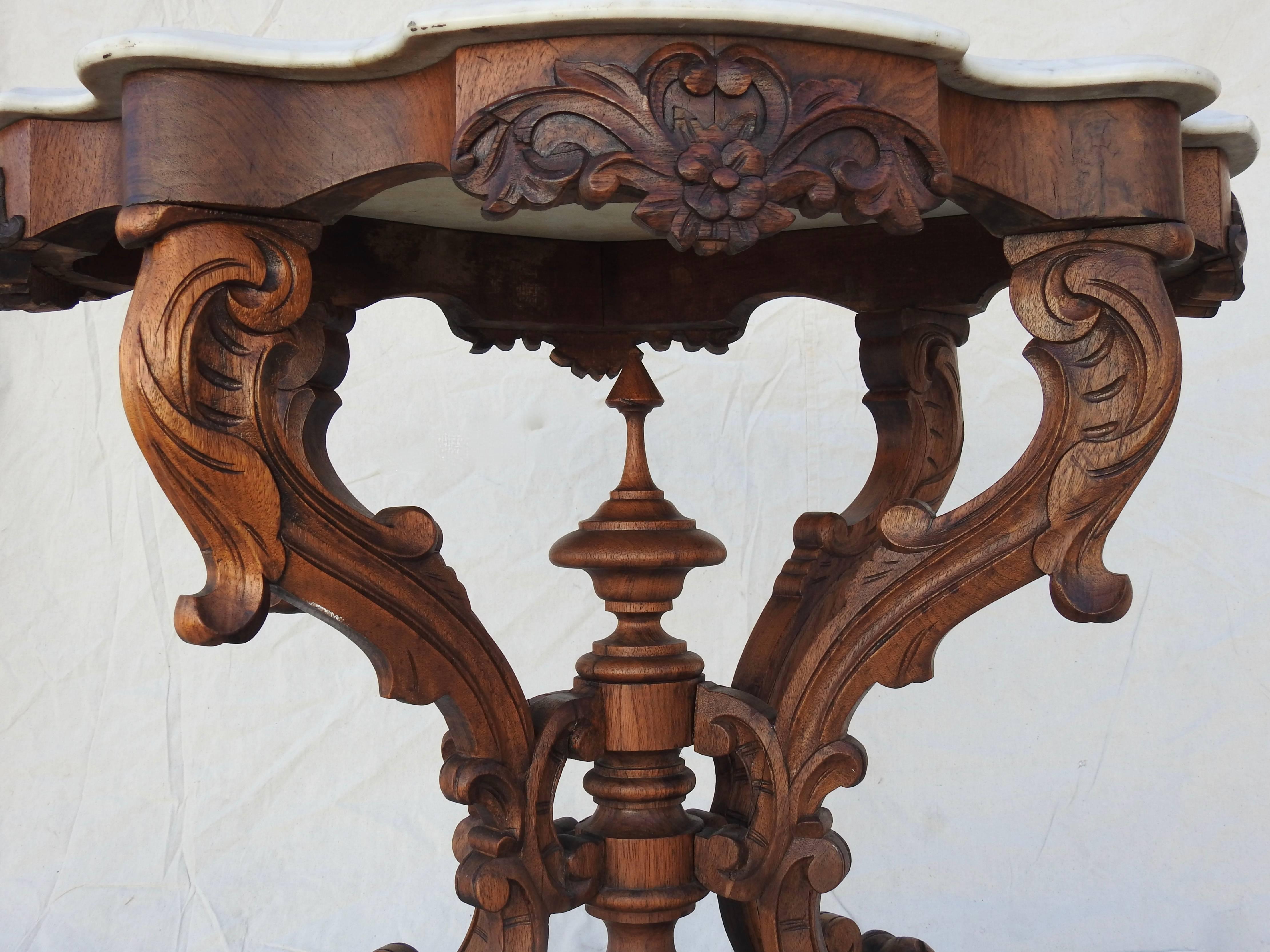 French Victorian Carved Walnut and Marble-Top Table