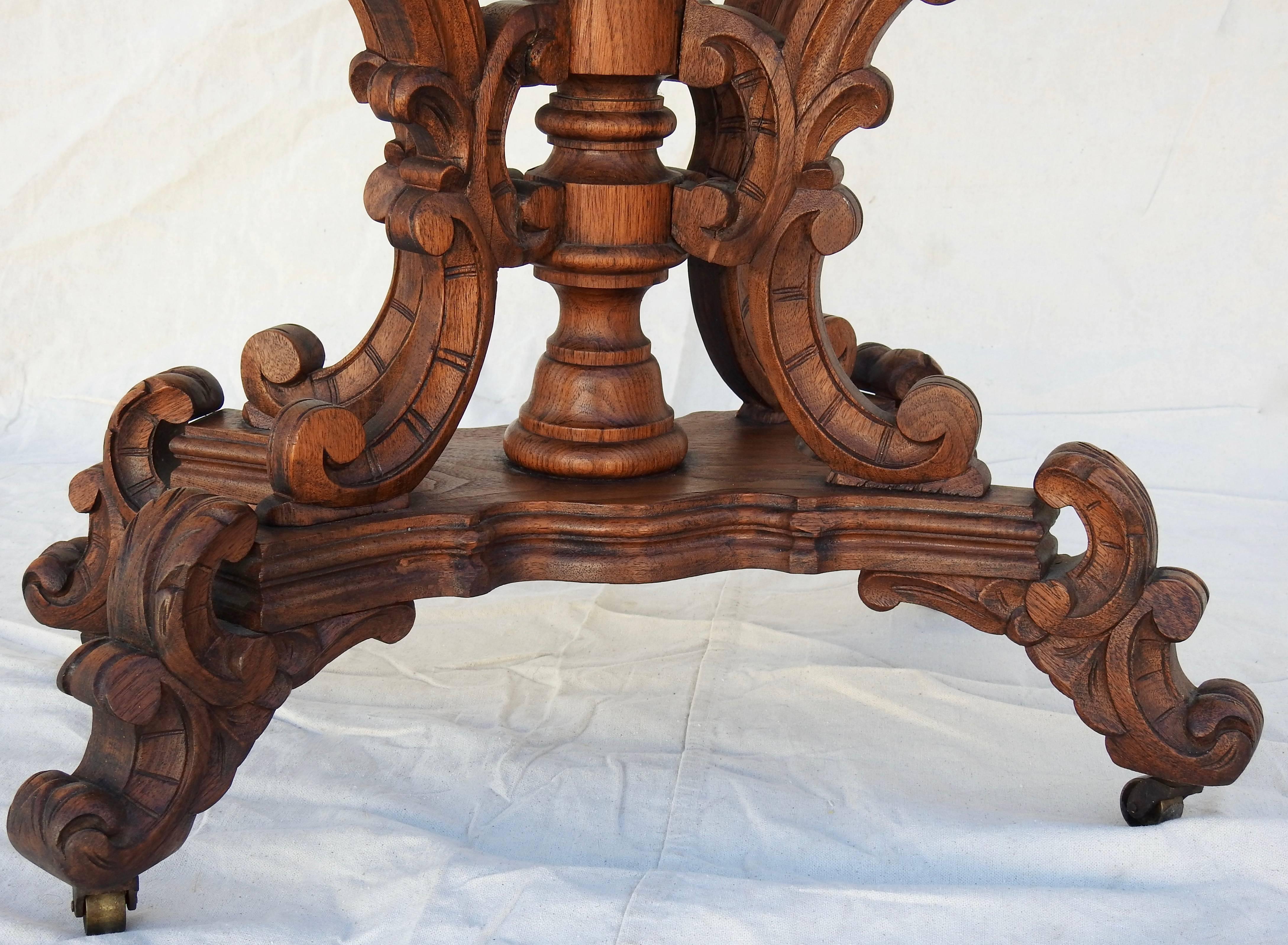 Hand-Carved Victorian Carved Walnut and Marble-Top Table