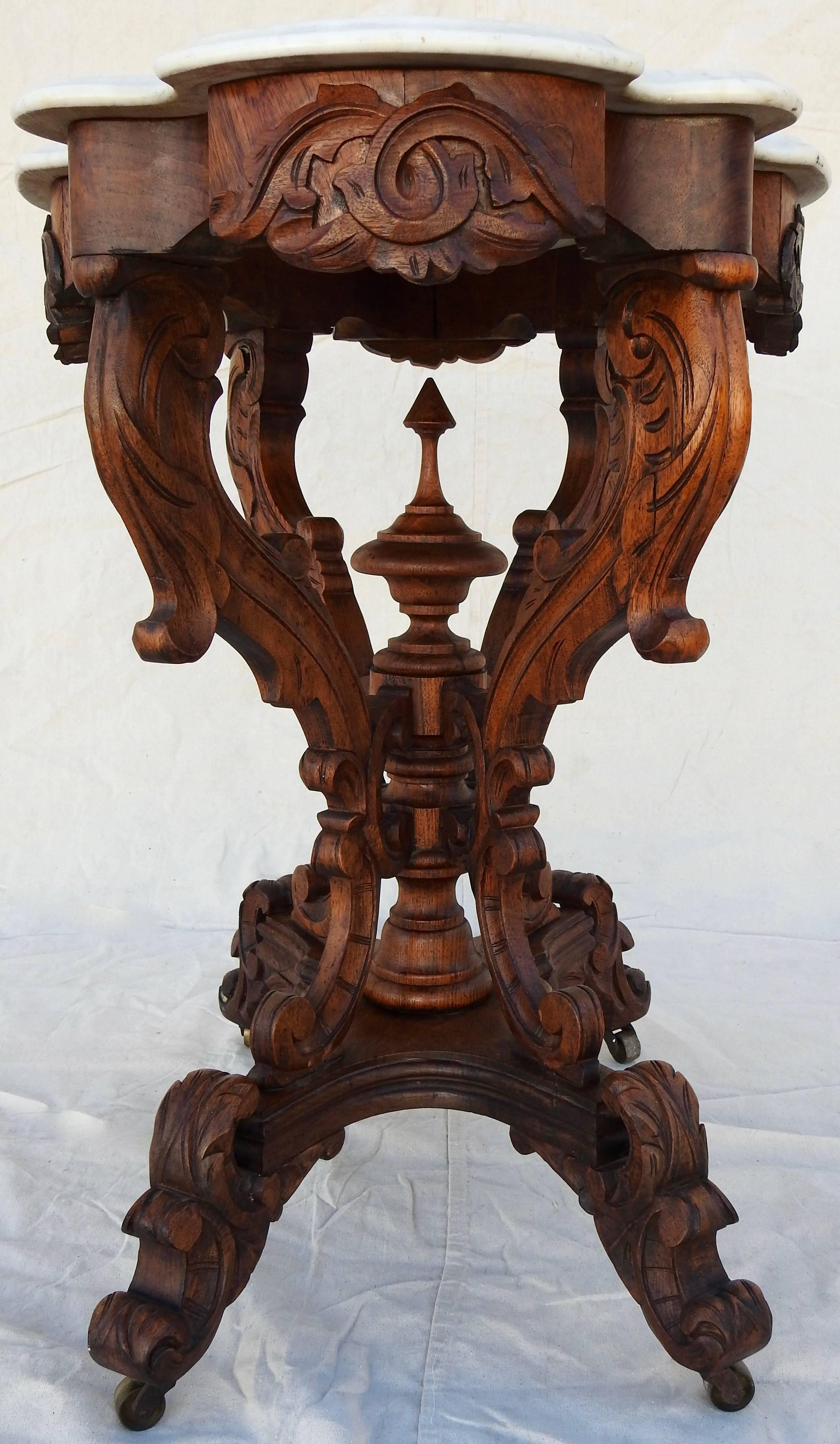19th Century Victorian Carved Walnut and Marble-Top Table