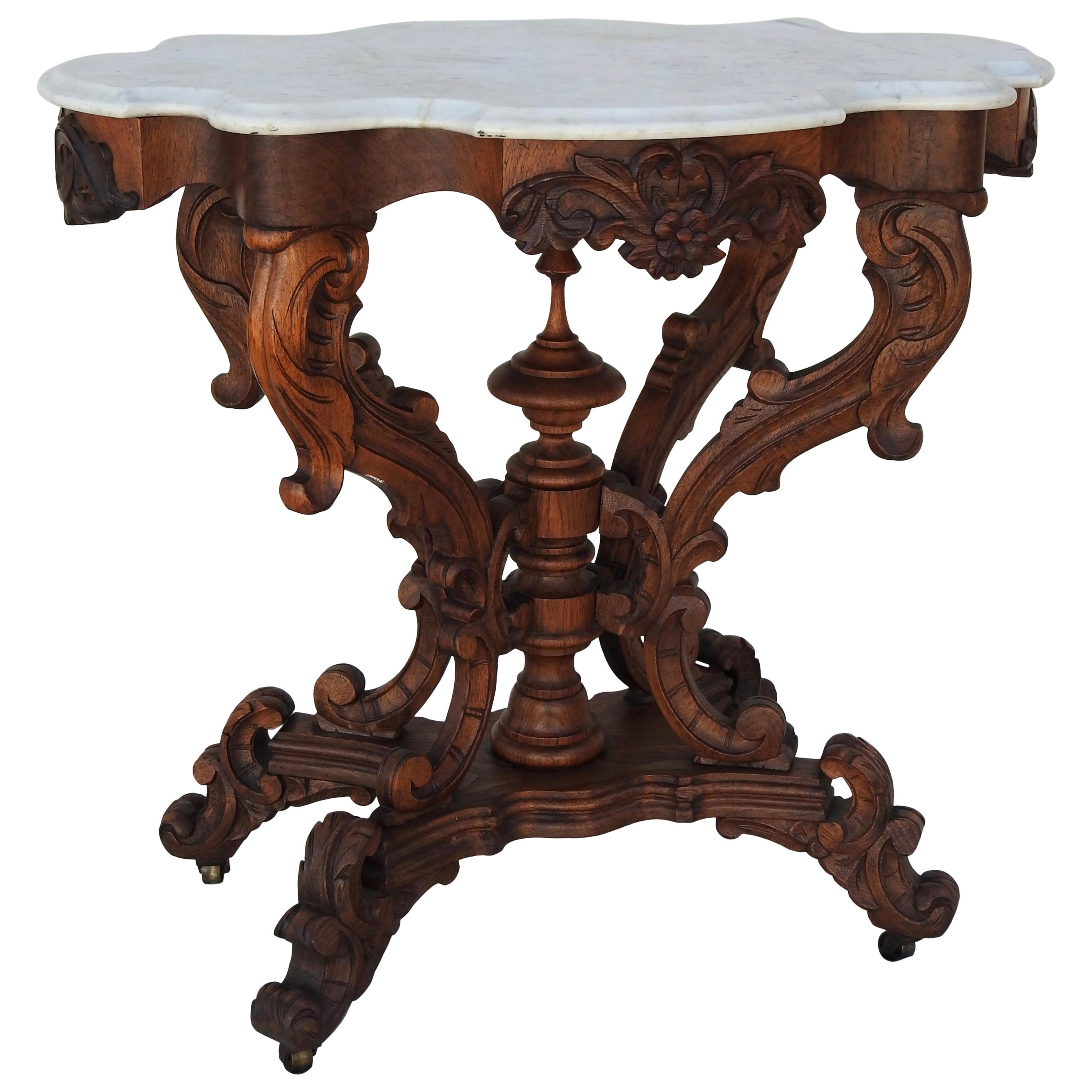 Victorian Carved Walnut and Marble-Top Table