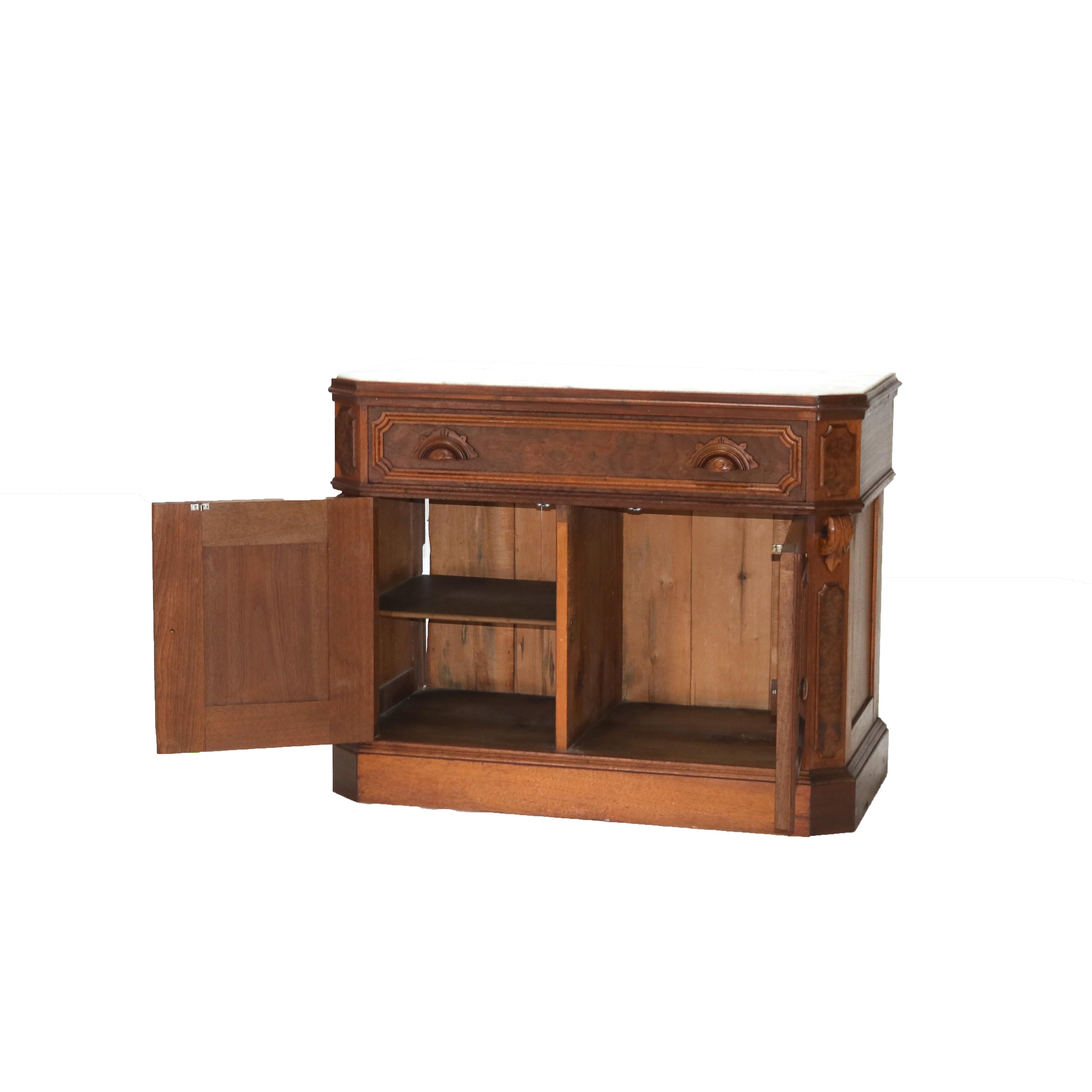 ***Reduced In-House Delivery Rates - Click on “Ask Seller” to Request a Quote***
Victorian Carved Walnut & Burl Marble Top Commode C1890

Measures - 27.75
