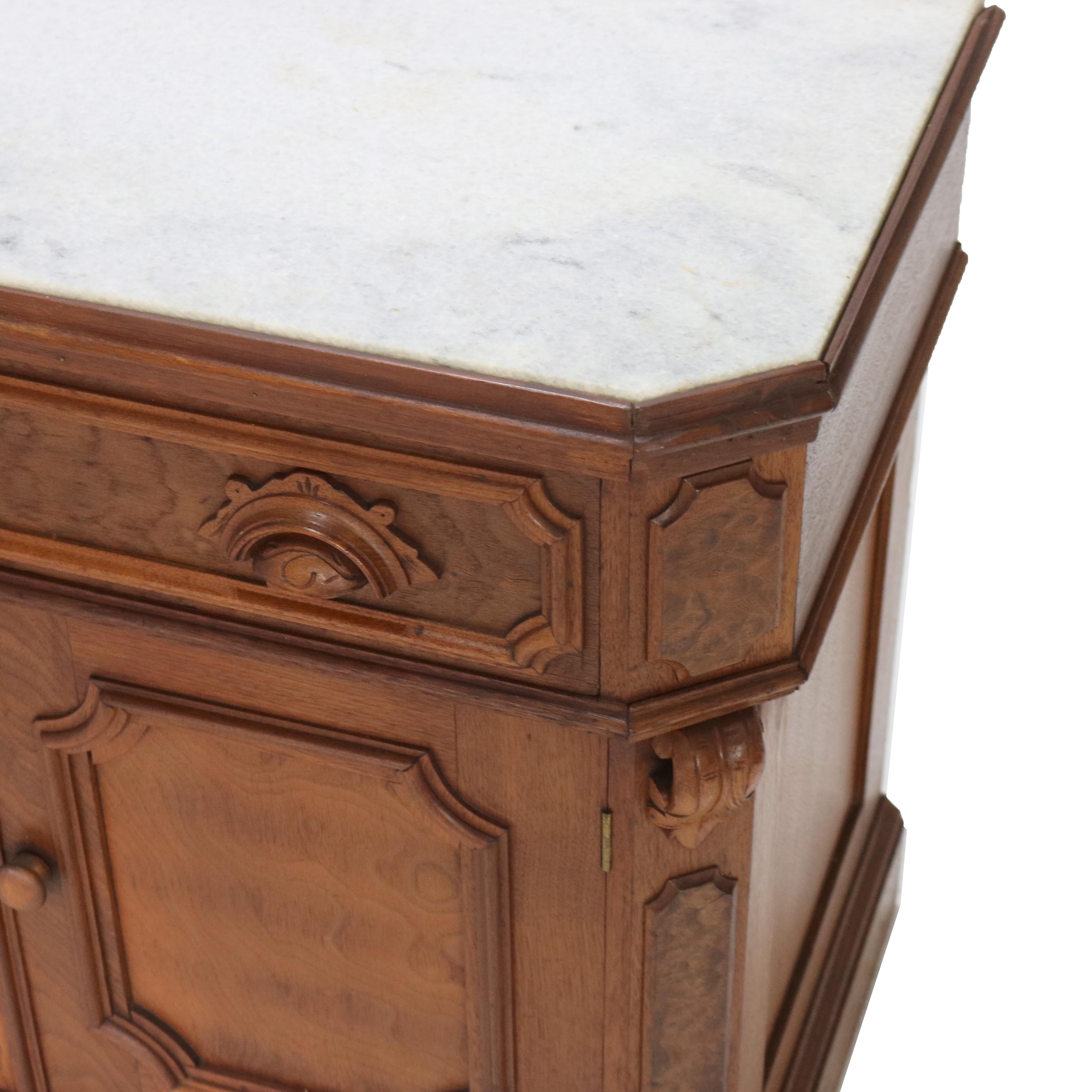 19th Century Victorian Carved Walnut & Burl Marble Top Commode C1890 For Sale