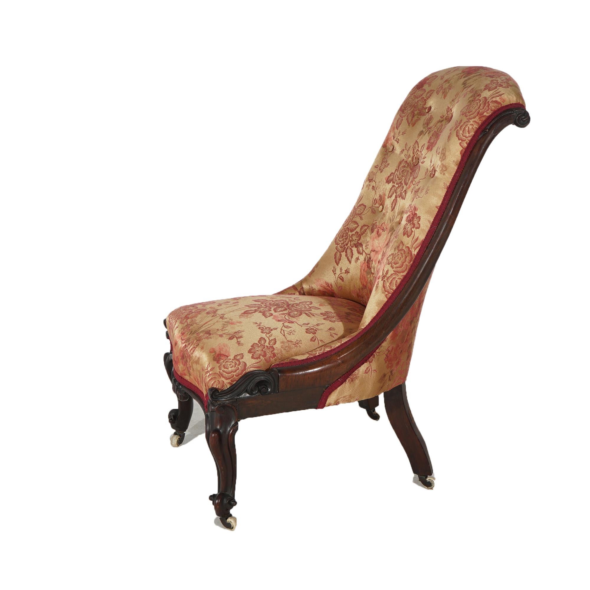 Victorian Carved Walnut Lady's Button Back Upholstered Slipper Chair C1890 In Good Condition For Sale In Big Flats, NY