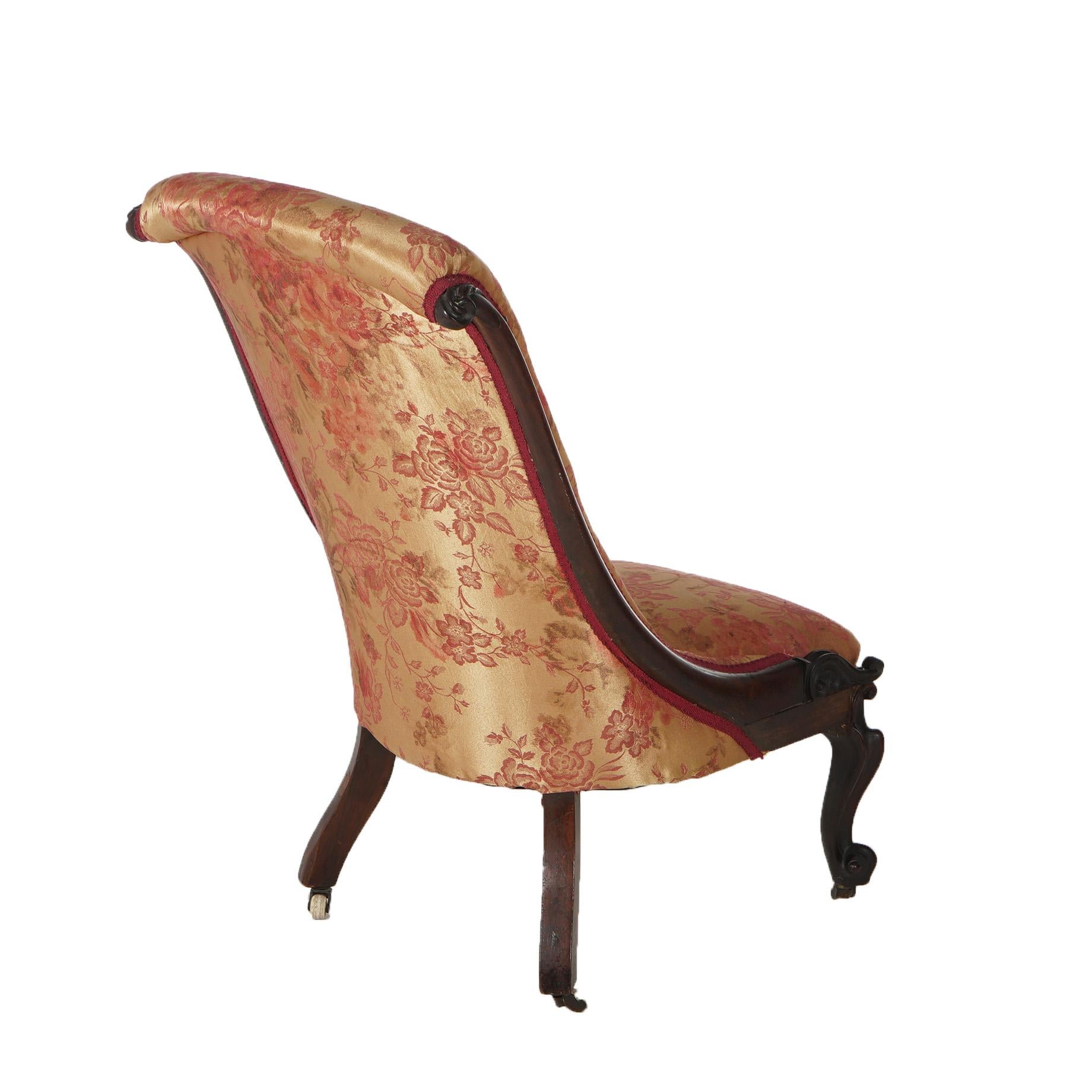Upholstery Victorian Carved Walnut Lady's Button Back Upholstered Slipper Chair C1890 For Sale