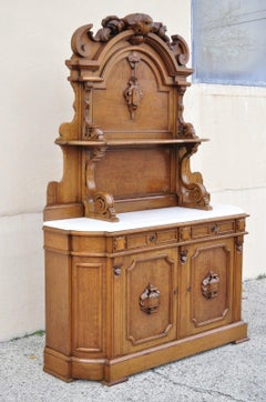 Victorian Carved Walnut Marble Top Custom Sideboard Buffet Cabinet w/ Backsplash