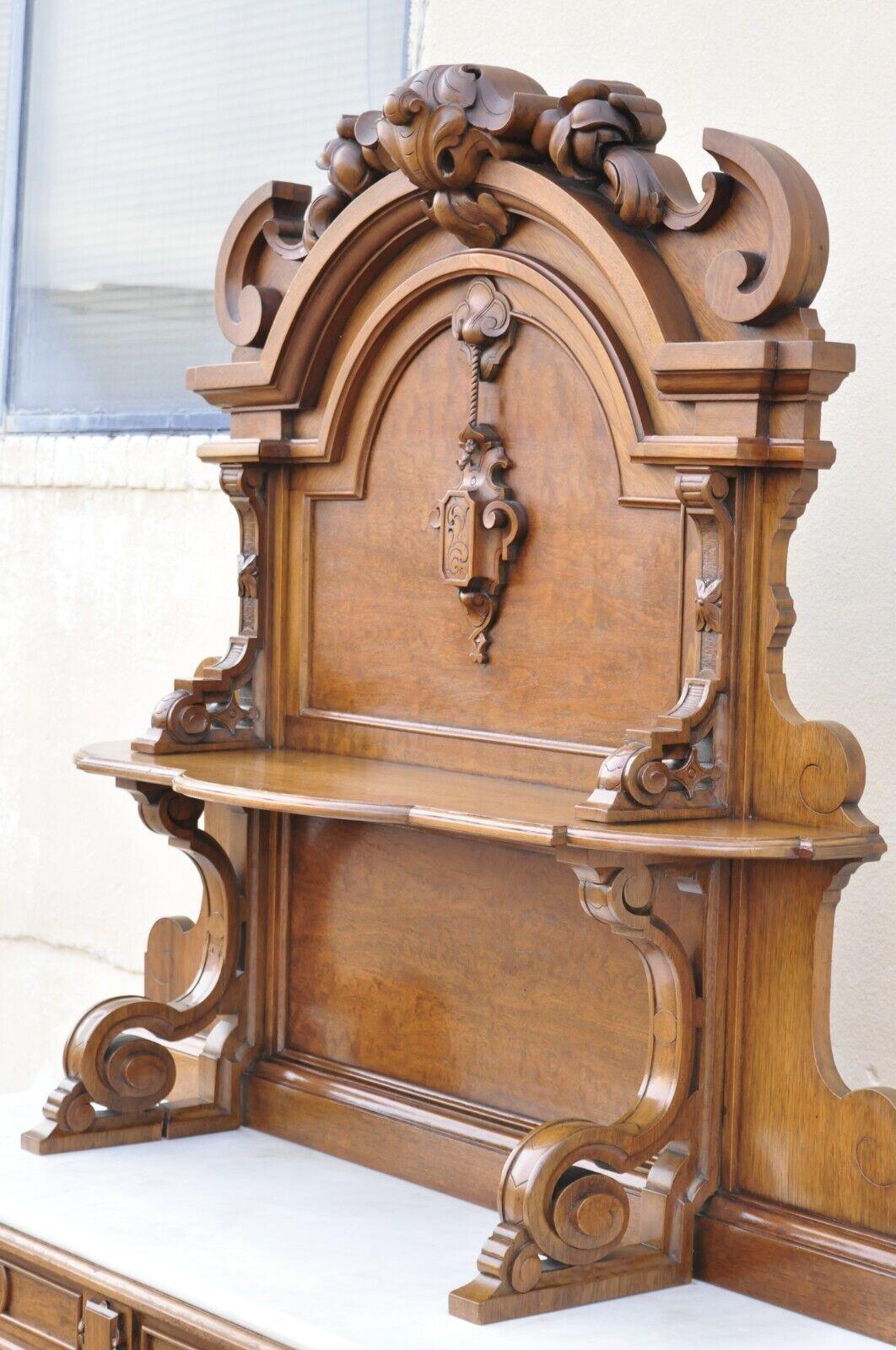 Victorian Carved Walnut Marble Top Custom Sideboard Buffet Cabinet w/ Backsplash For Sale 1