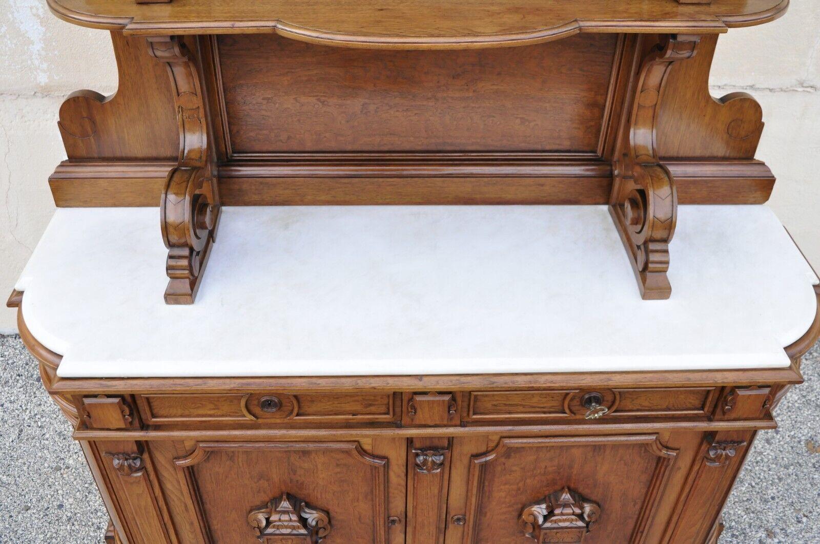 Victorian Carved Walnut Marble Top Custom Sideboard Buffet Cabinet w/ Backsplash For Sale 2