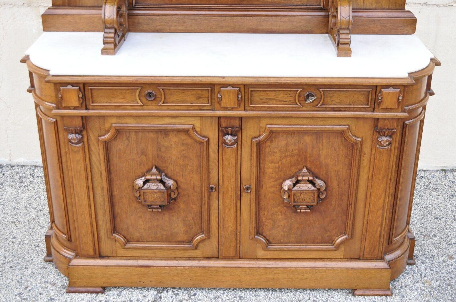 Victorian Carved Walnut Marble Top Custom Sideboard Buffet Cabinet w/ Backsplash For Sale 4