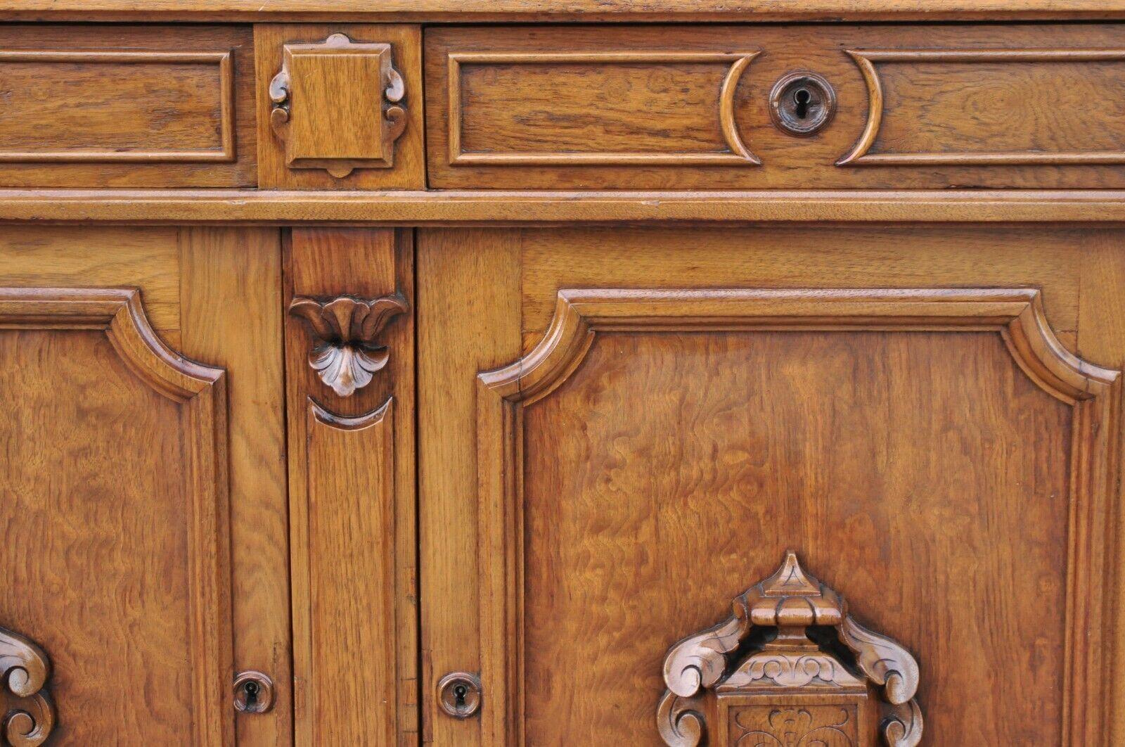 Victorian Carved Walnut Marble Top Custom Sideboard Buffet Cabinet w/ Backsplash For Sale 5