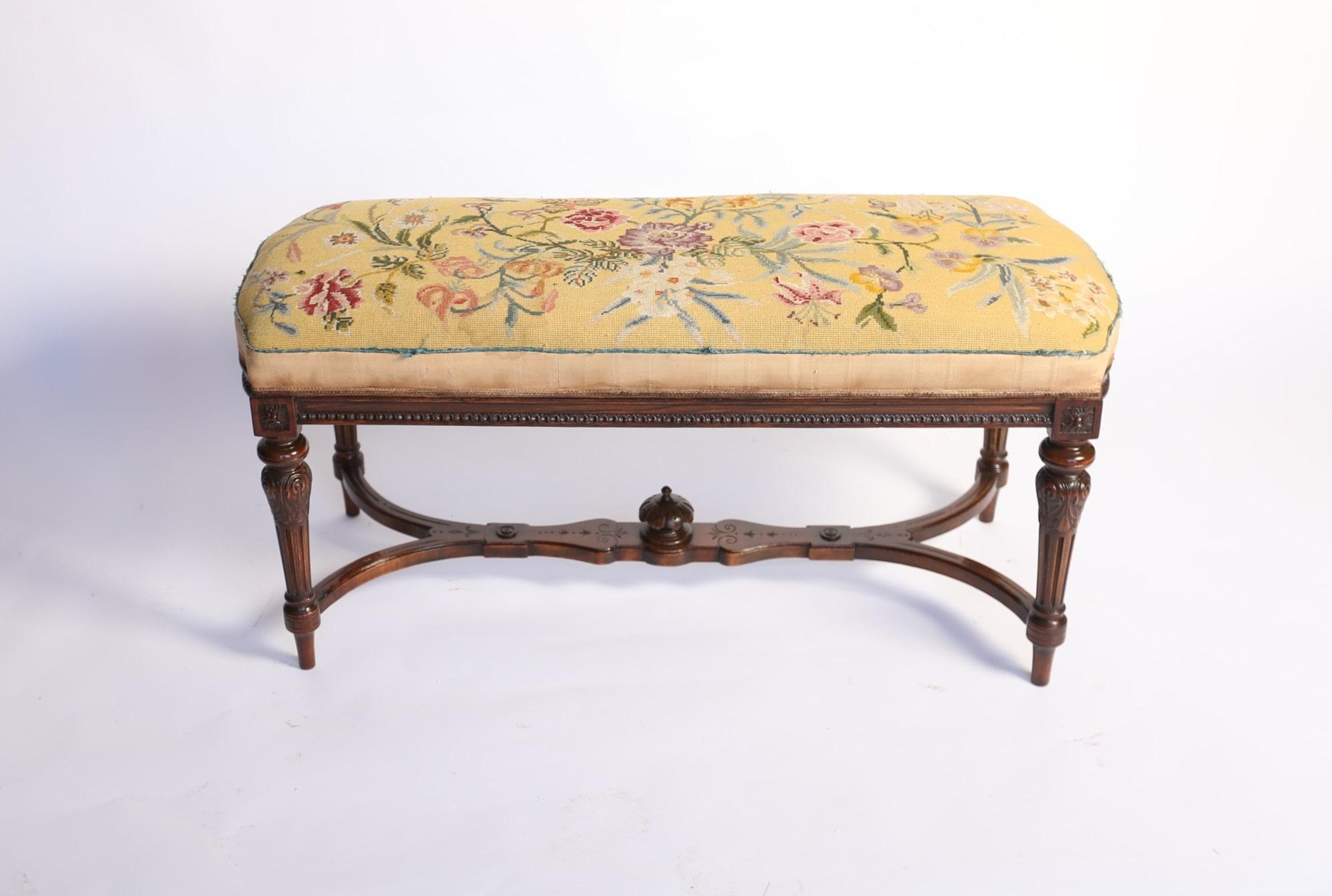 British Victorian Carved Walnut stool / Window seat For Sale