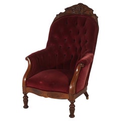 Antique Victorian Carved Walnut Upholstered Barrel Back Gentleman’s Parlor Chair C1870