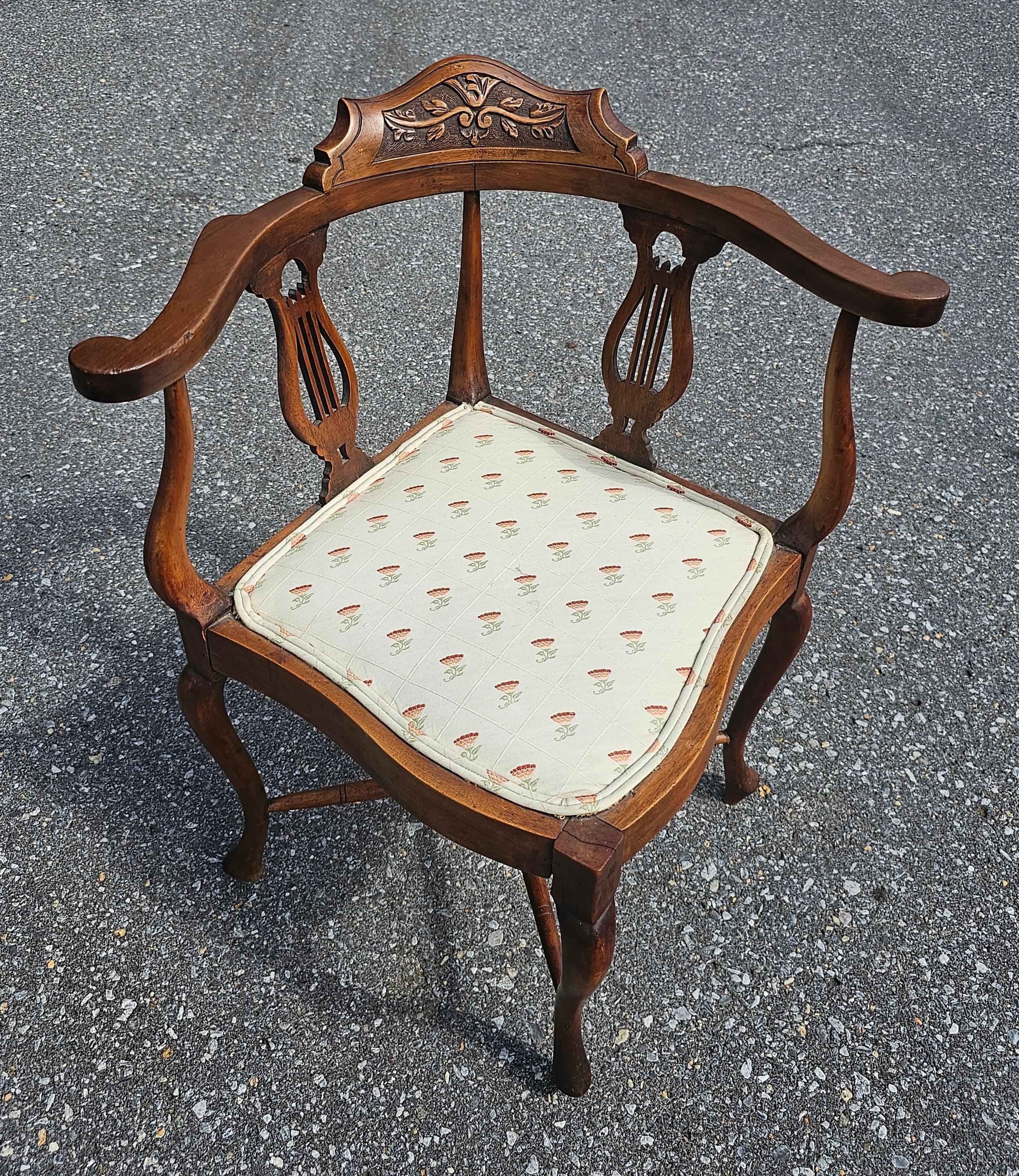 American Victorian Carved Walnut Upholstered Seat Corner Chair For Sale