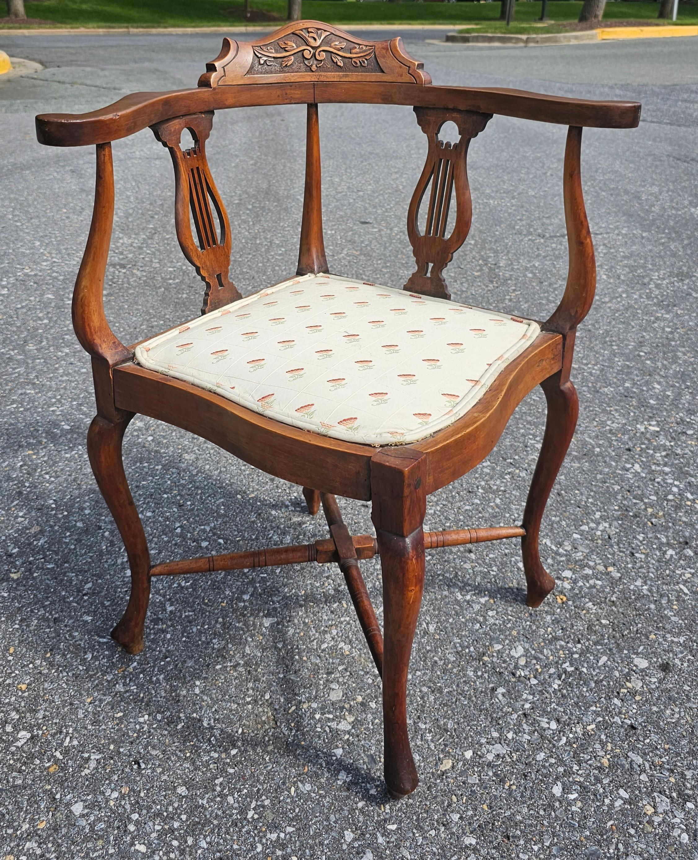 Stained Victorian Carved Walnut Upholstered Seat Corner Chair For Sale