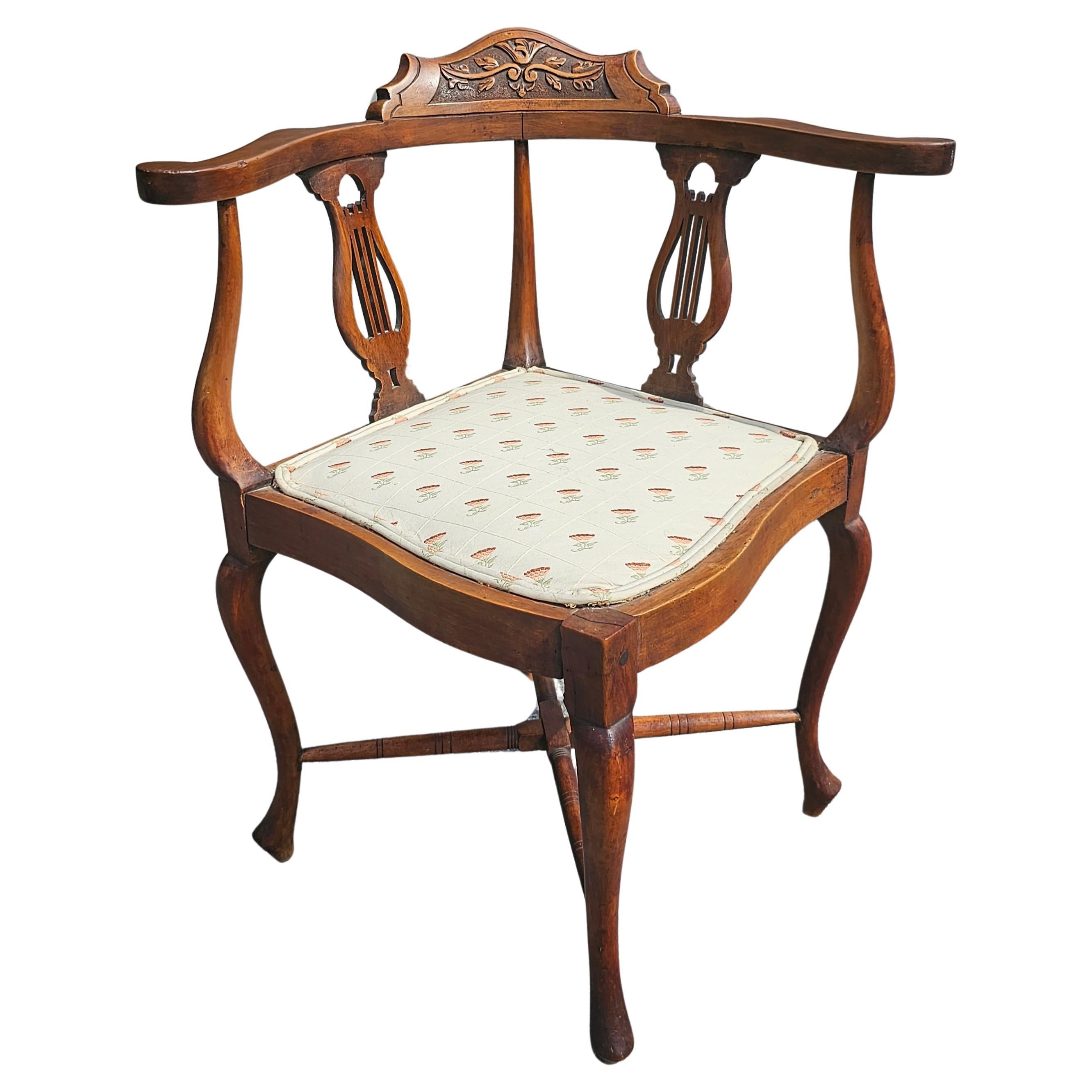Victorian Carved Walnut Upholstered Seat Corner Chair For Sale