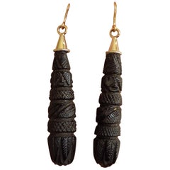 Antique Victorian Carved Whitby Jet Drop Earrings