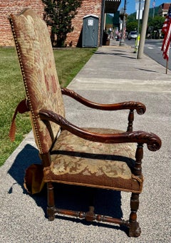 Victorian Carved Wood Distressed Needlepoint Armchair Tall Back Throne Chair