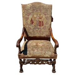 Victorian Carved Wood Distressed Needlepoint Armchair Tall Back Throne Chair
