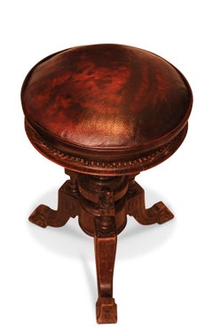 Victorian Carved Wood Revolving Piano Stool With Brown Leather Seat Brass Studs