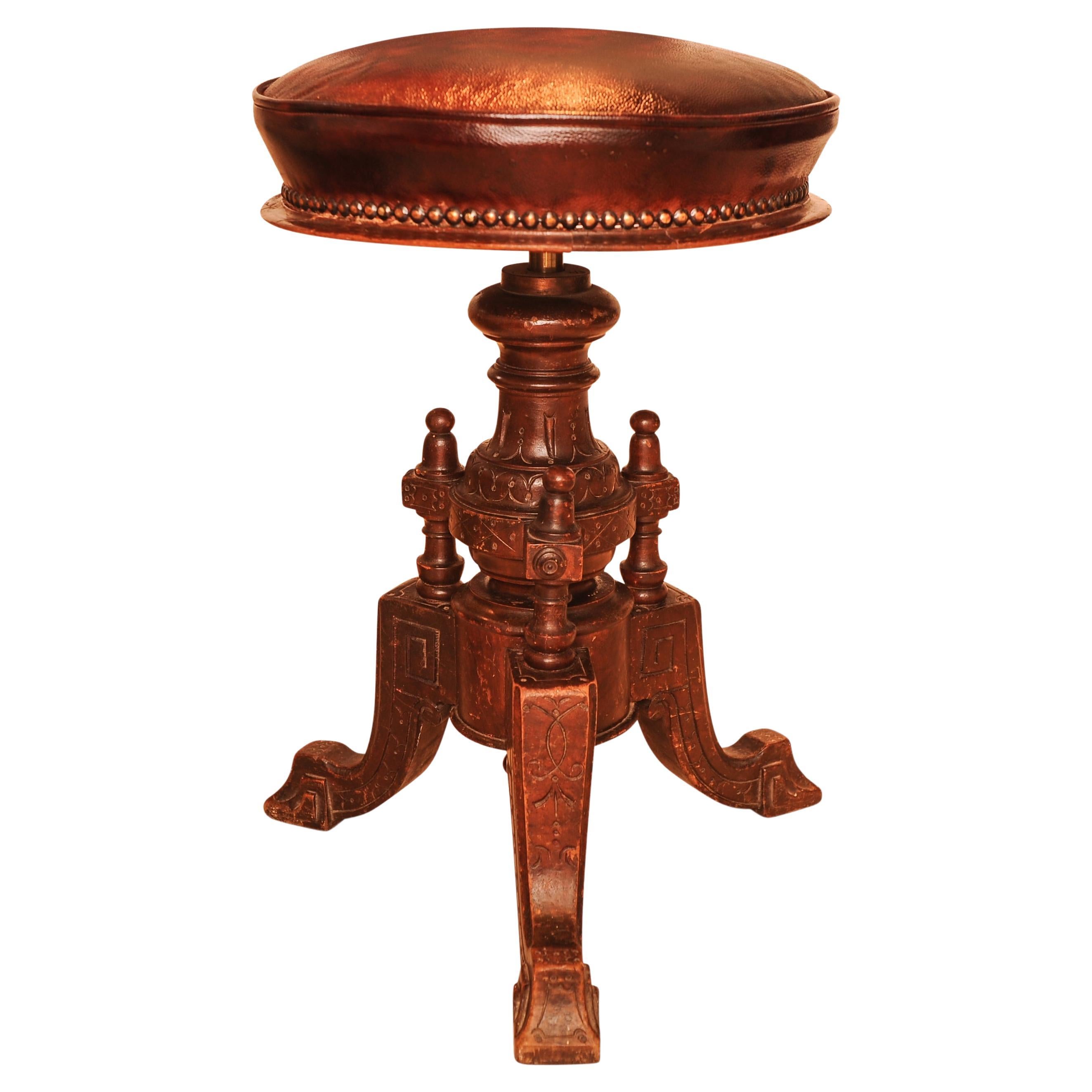 Victorian Carved Wood Revolving Piano Stool With Brown Leather Seat Brass Studs