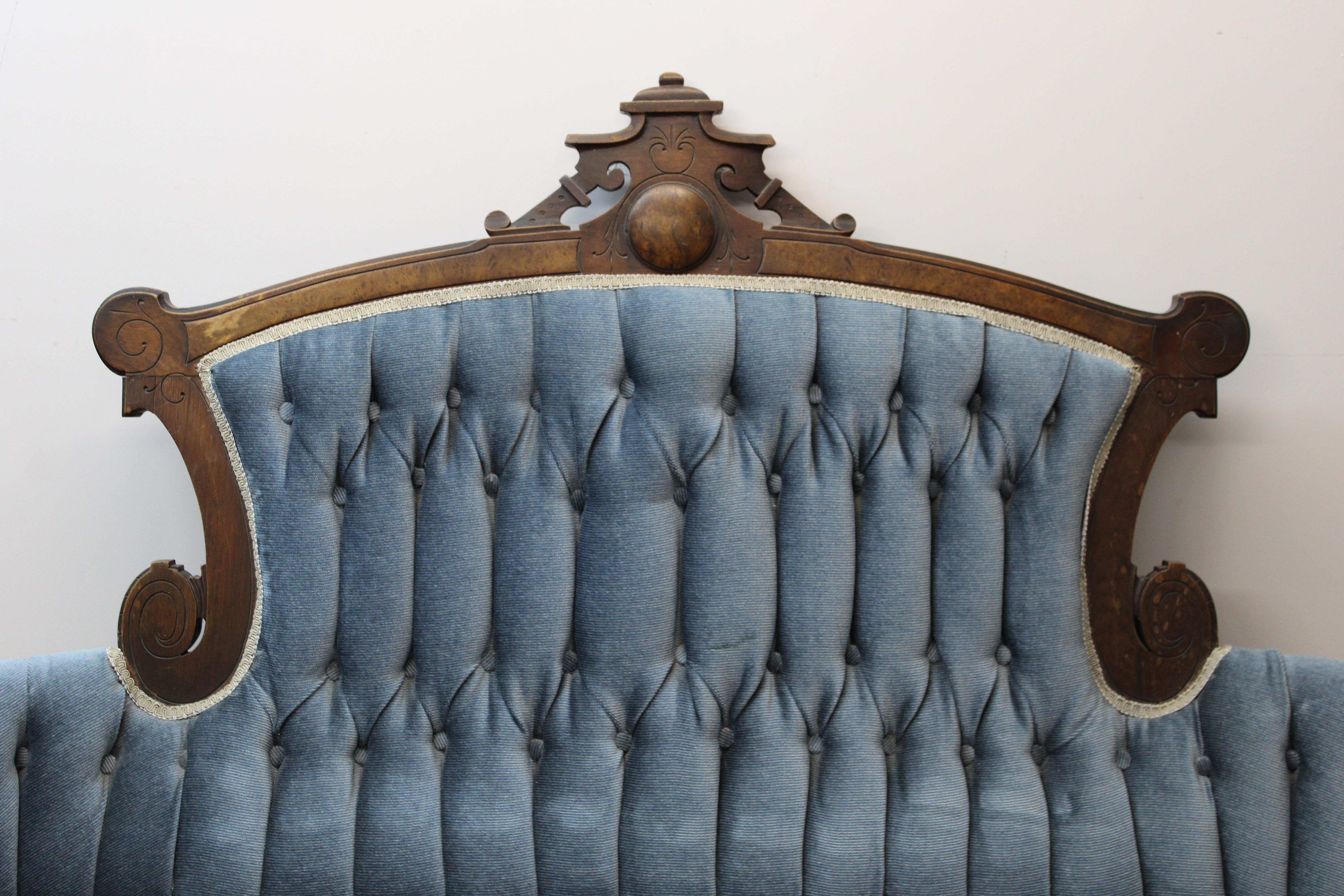 C. 20th century

Victorian carved wood settee w/ light blue ribbed velvet.