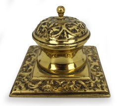 Victorian Cast Brass Inkwell with Ornamental Scrollwork, England, circa 1880
