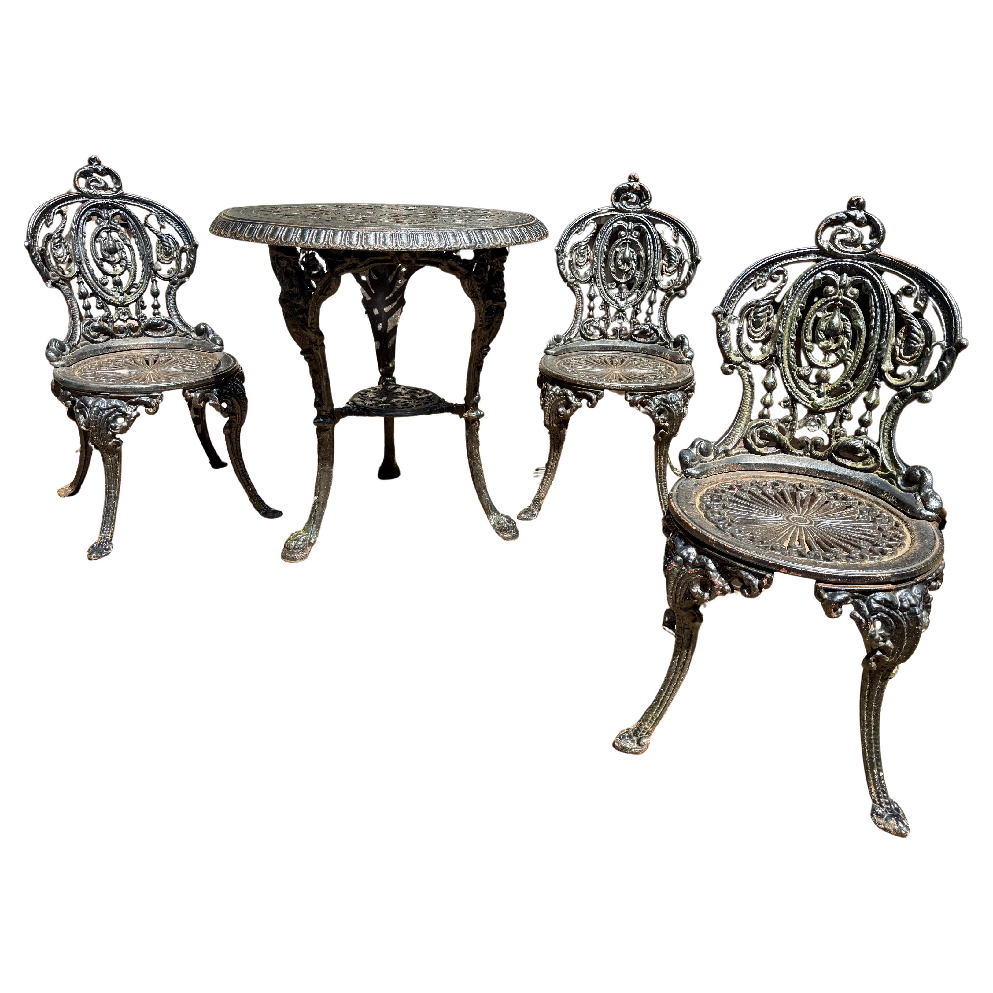 Victorian Cast Iron Garden Set (3 Chairs + Table) For Sale