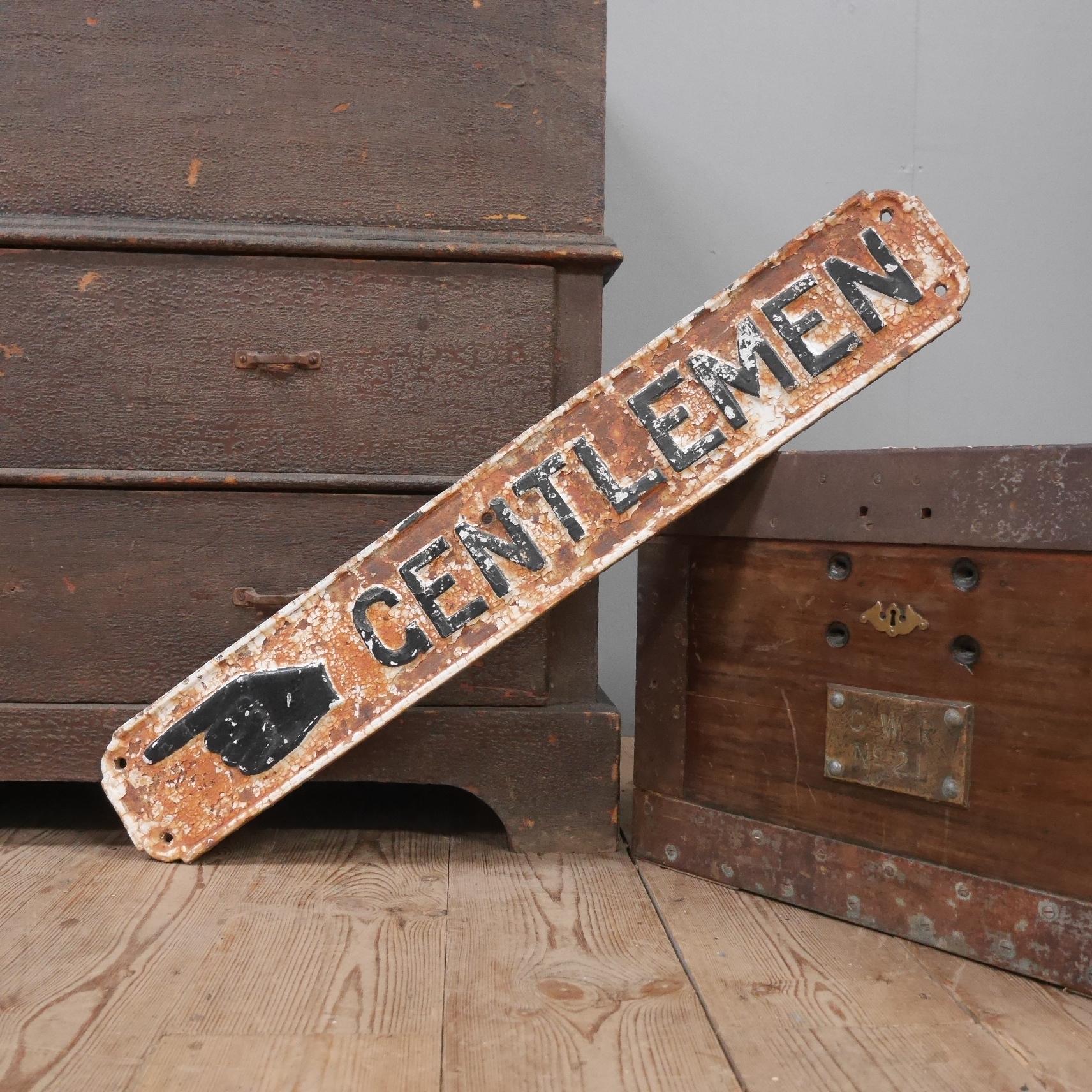 A Victorian 'Gentlemen' cast iron railway sign.
A very rare 19th century cast iron railway sign with pointing-hand or 'manicule' detail & original paint with a fab untouched patina. Fresh to the market & a version which very rarely crops