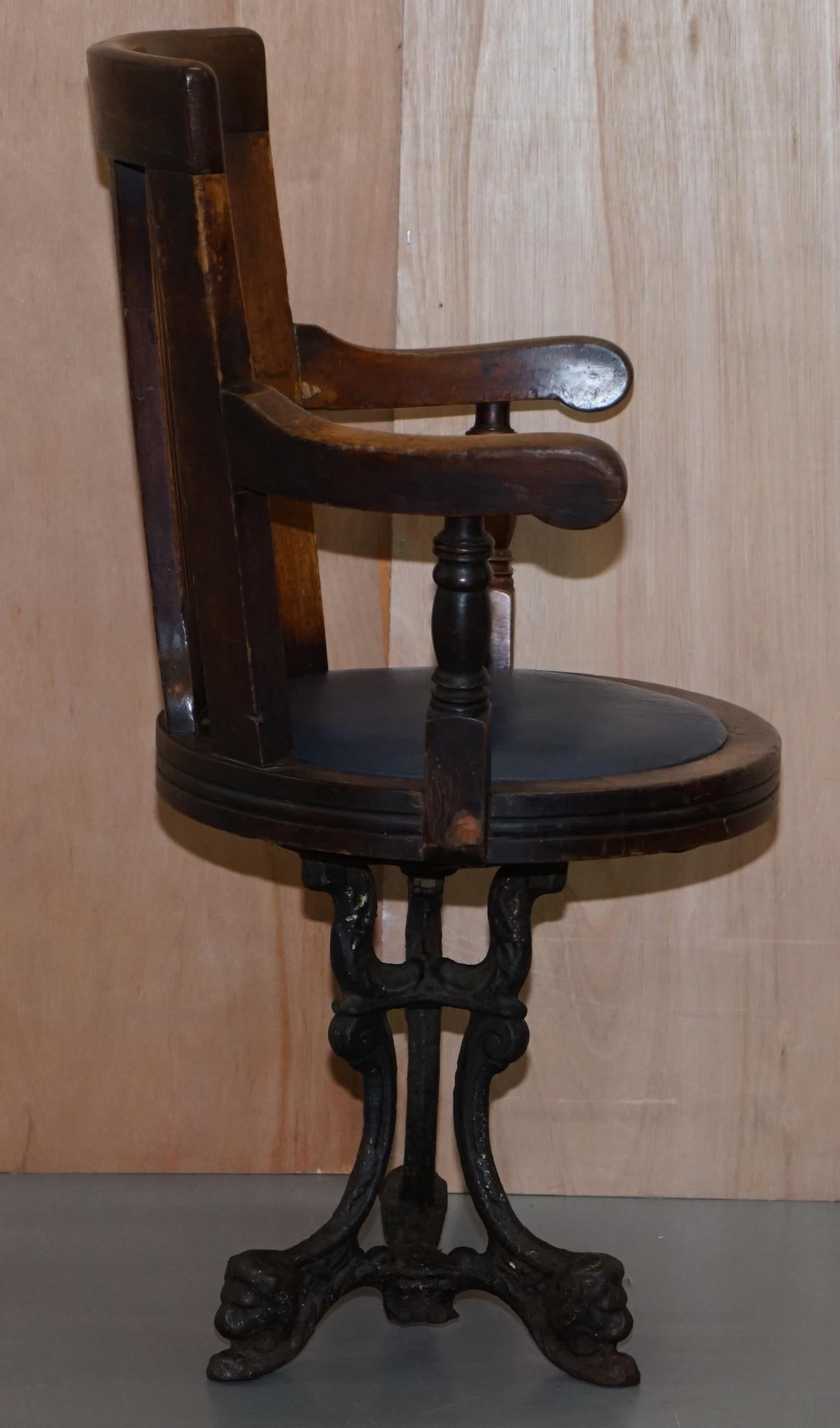Victorian Cast Iron Lion Base Blue Leather Ships Captains Swivel Office Chair 5