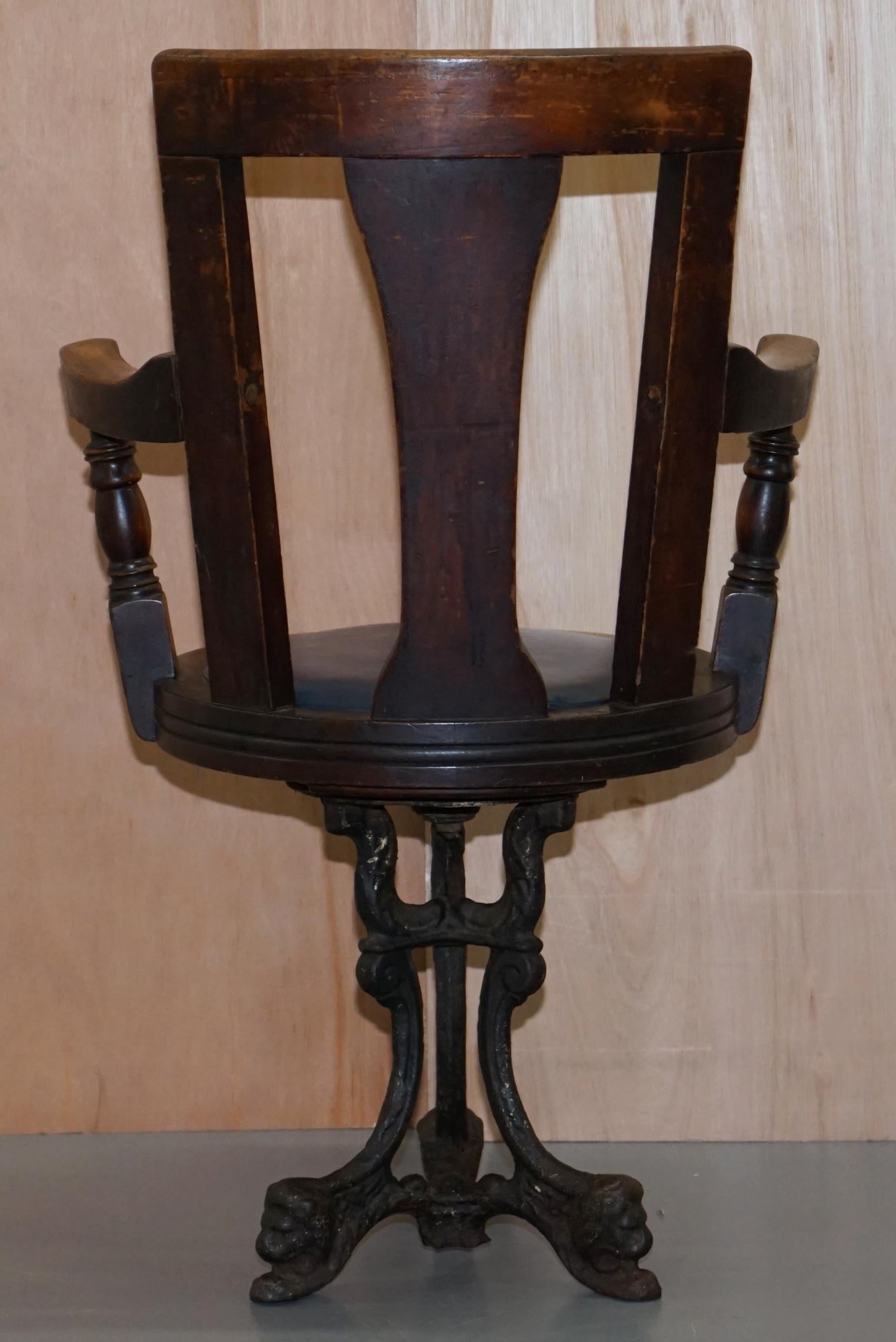 Victorian Cast Iron Lion Base Blue Leather Ships Captains Swivel Office Chair 6