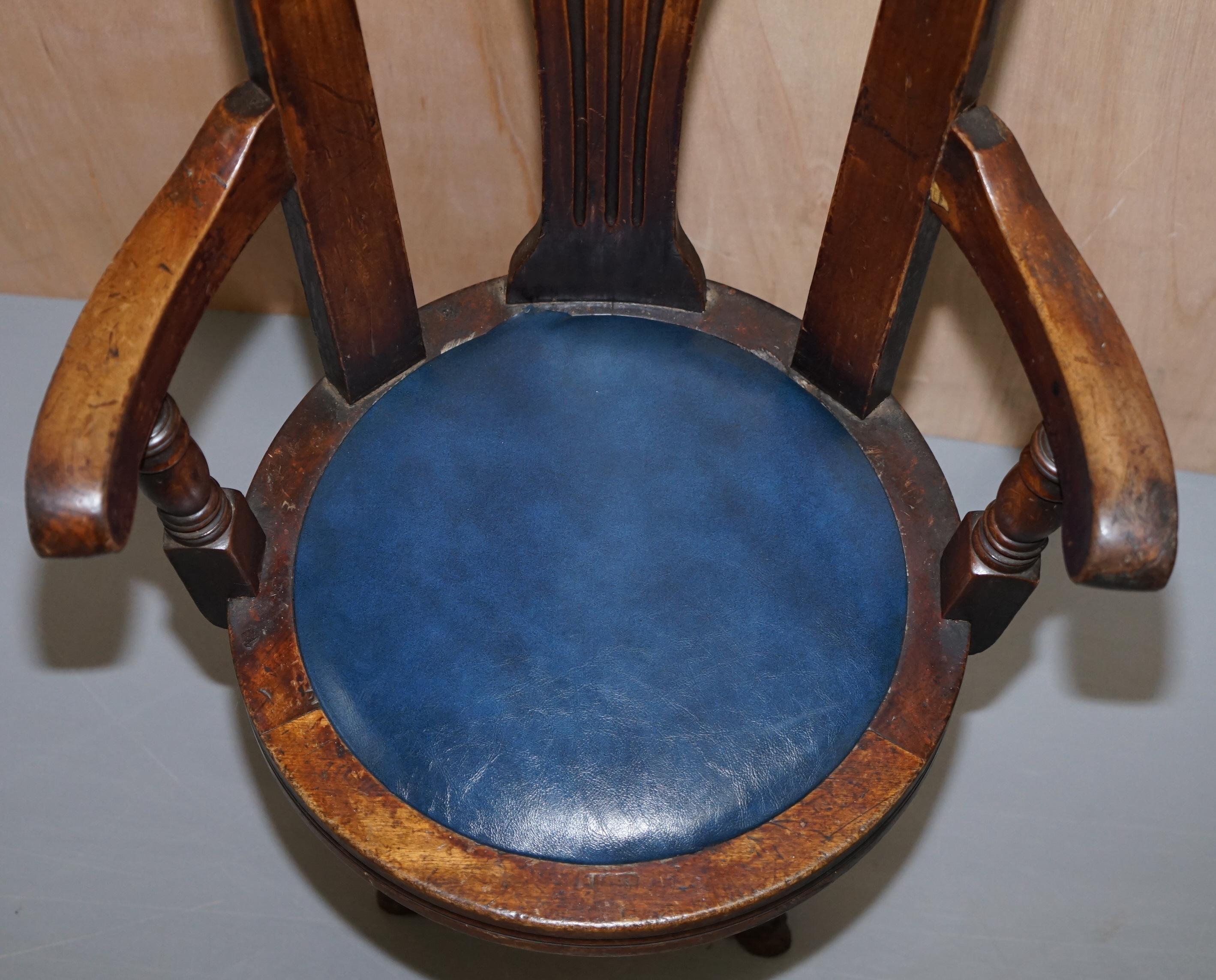 English Victorian Cast Iron Lion Base Blue Leather Ships Captains Swivel Office Chair