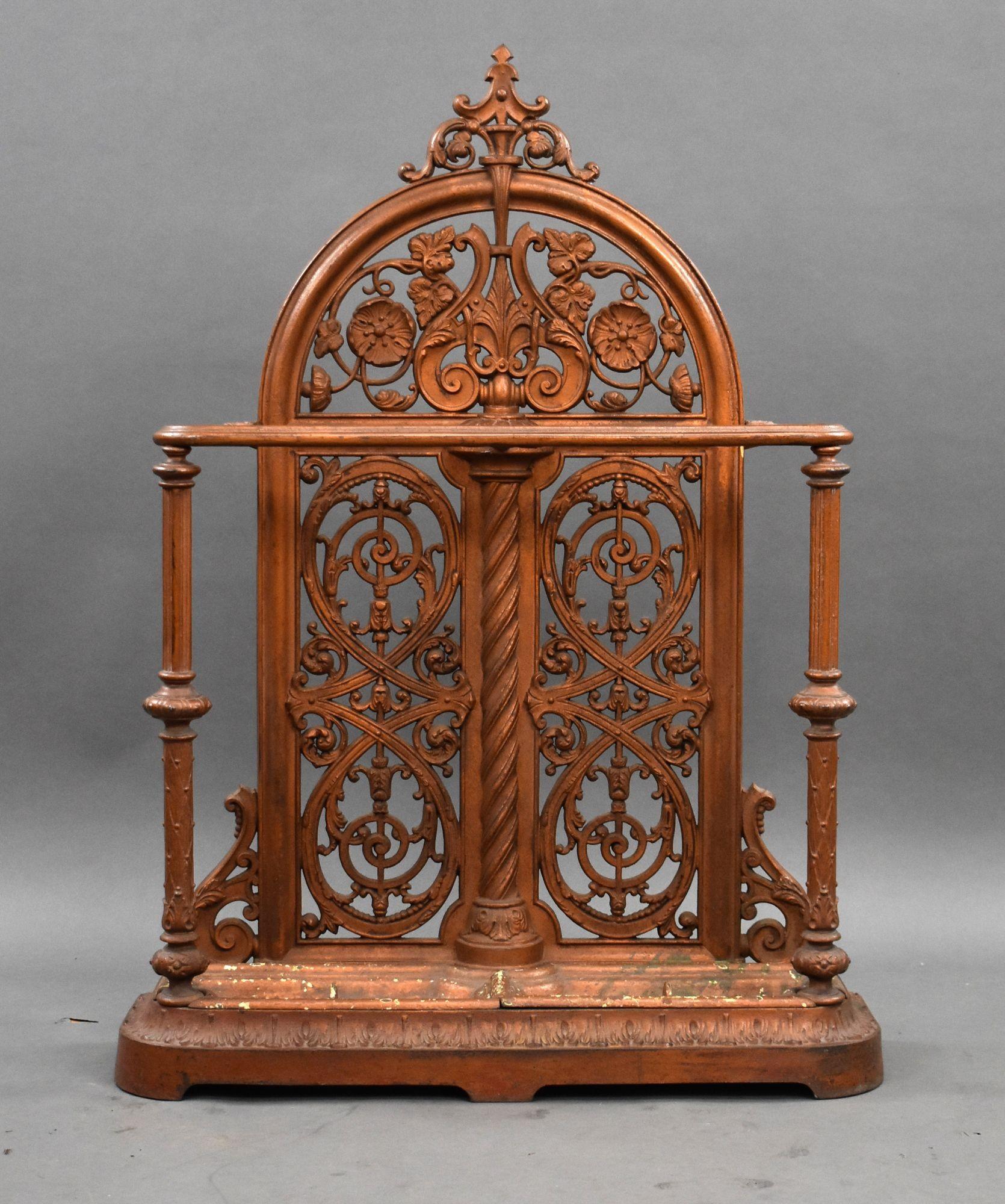 Victorian Cast Iron Stick Stand by Falkirk Foundry (c.1880)
Item Code: DJ4A
An ornate late 19th-century cast iron stick and umbrella stand by the renowned Falkirk Iron Company of Scotland, c.1880. This highly decorative example features a boldly