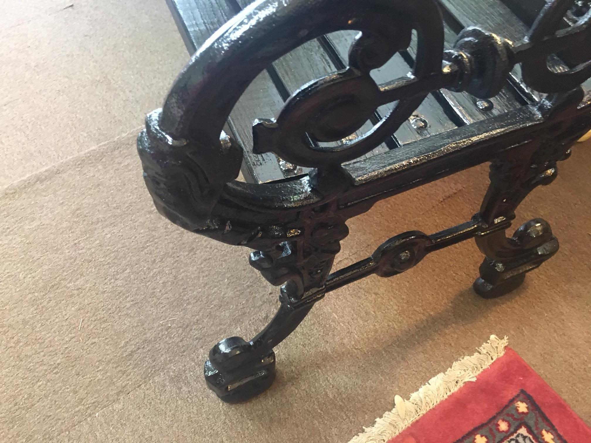 Victorian Cast Iron Three Paneled Ornate Garden Bench with Pine Slat Seat For Sale 5