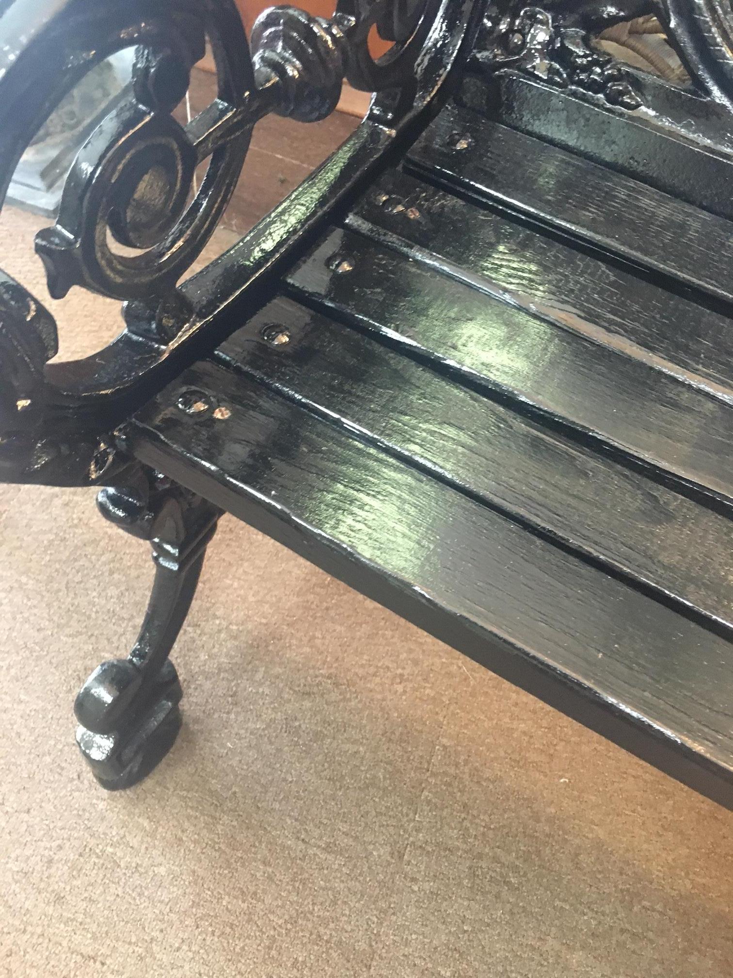 Victorian Cast Iron Three Paneled Ornate Garden Bench with Pine Slat Seat For Sale 6